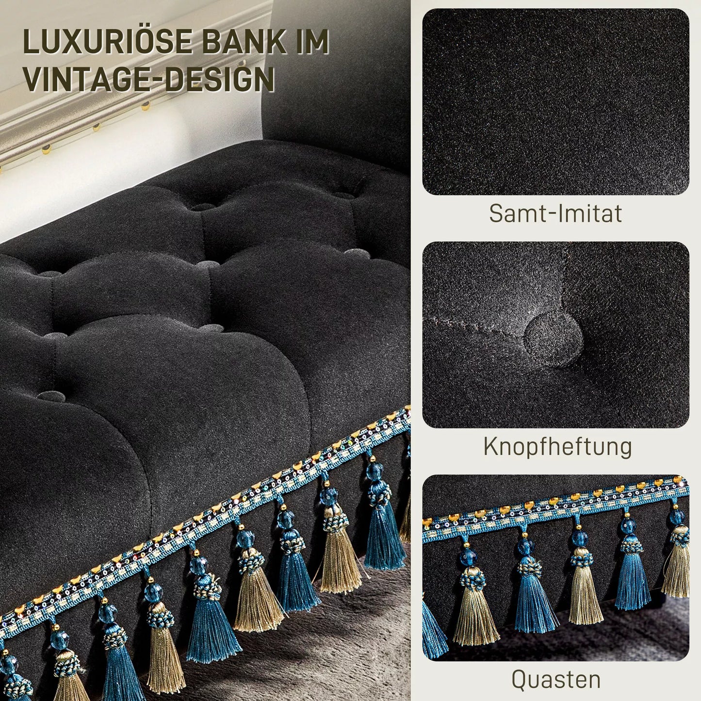 Minkštasuolis, sėdimasis suolas, vintažinis dizainas, iki 150 kg, 117x40x58 cm, tamsiai pilkas