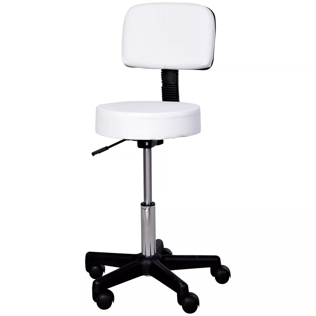 Reguliuojamo aukščio sukamasis taburetė su atlošu Sukamasis taburetė 72–84 cm Darbinis taburetė, sukasi 360° Biuro taburetė biurui, salonui, masažui, SPA Balta