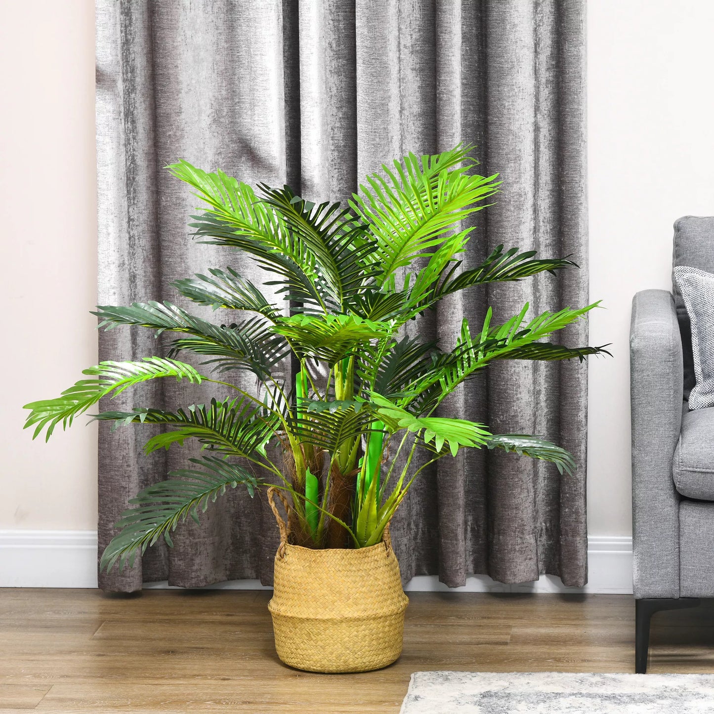 Dirbtinė palmė, 1 m, su realistiškais lapais, dekoratyvinis augalas, plastikas, su vazonu, ruda+žalia
