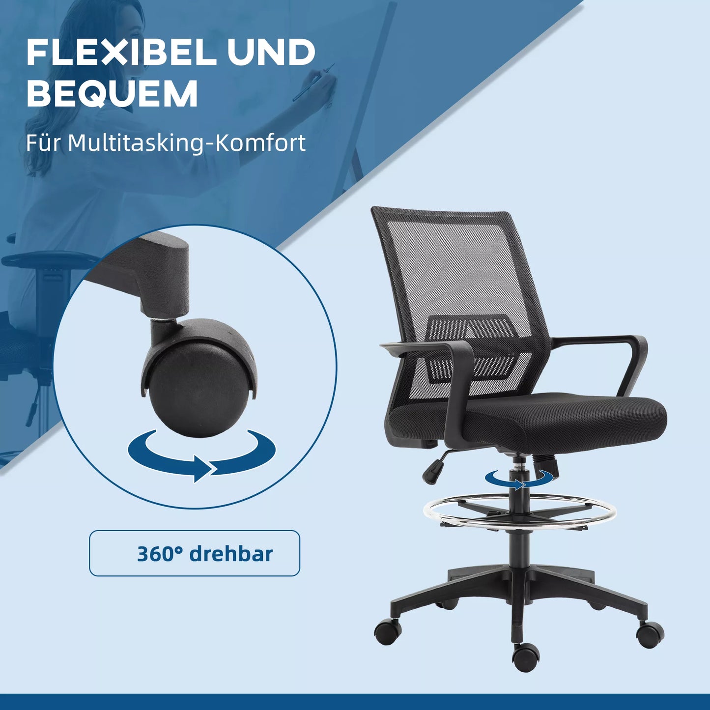 Biuro kėdė, aukščio reguliuojama rašomojo stalo kėdė su kojų atrama, tinklinė atlošas, su ratukais, plastikas, juoda