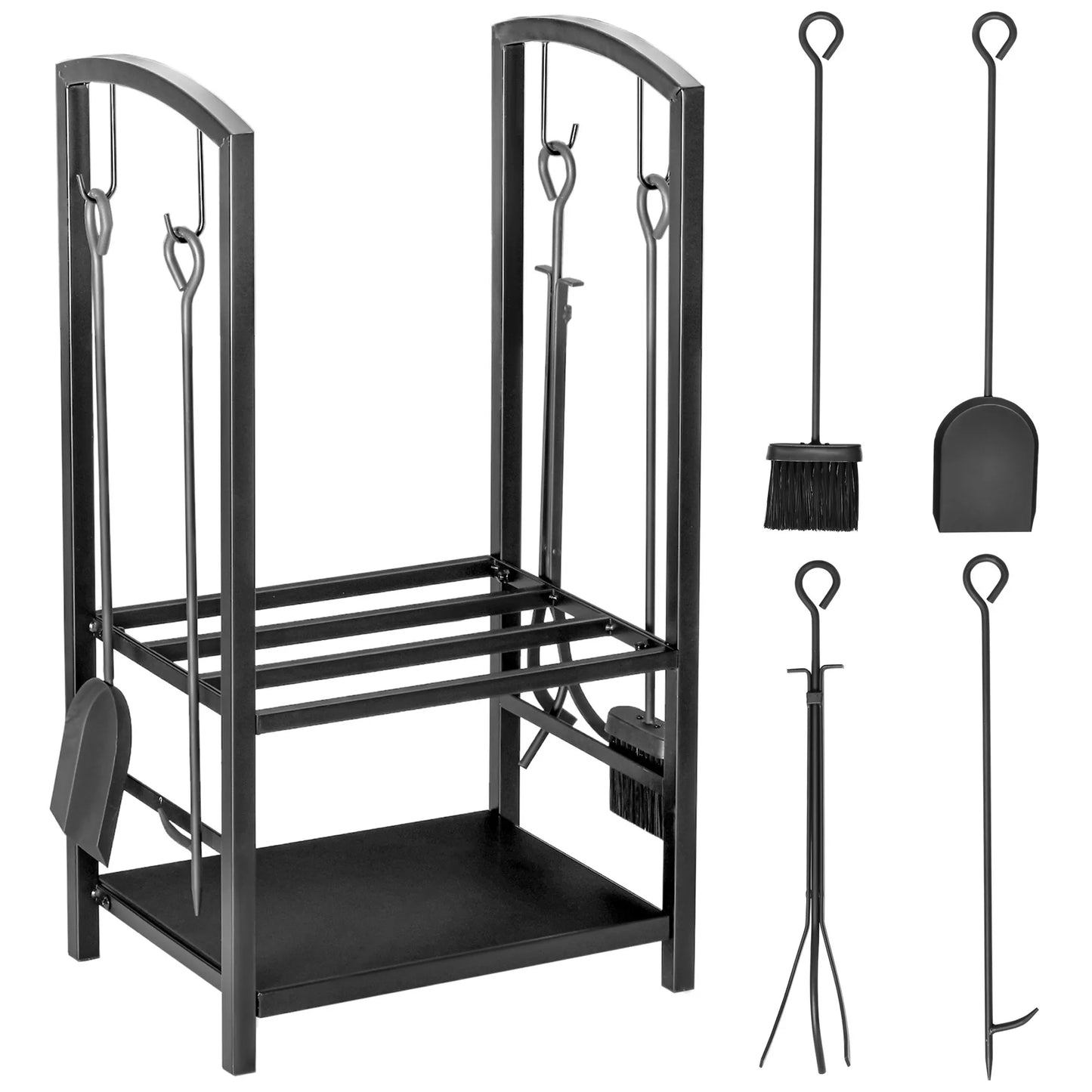 Malkų laikiklis židiniui, 2 aukštų, su židinio priedų vieta, plienas, juodas, iki 100 kg, 40 x 30 x 74,5 cm