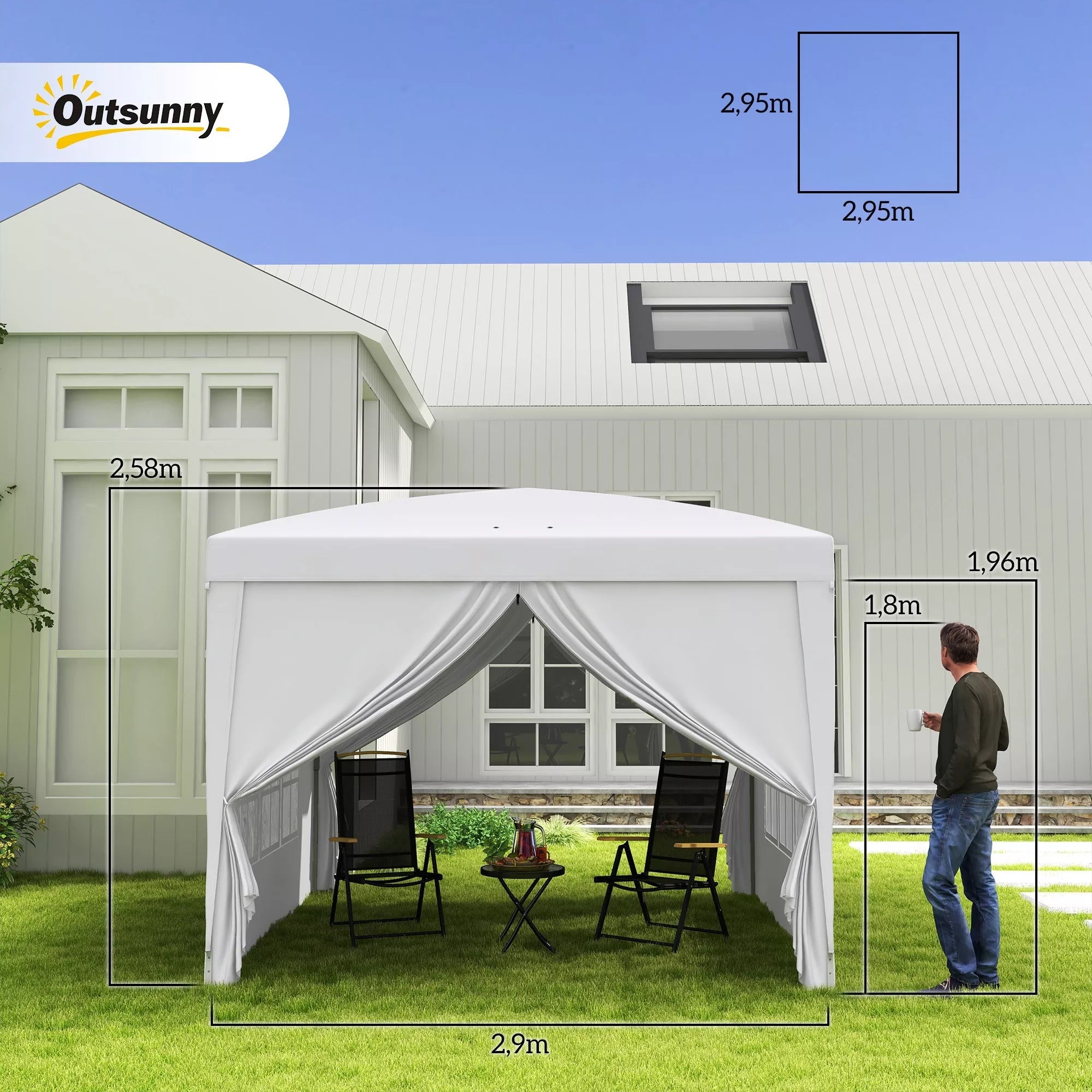 3 x 3 m Paviljono su 4 šoninėmis sienelėmis, langais, UV apsaugos šventės palapinė, sodo palapinė su nešiojimo krepšiu, plienas, balta