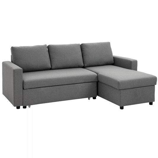 Kampinė sofa su miegojimo funkcija ir daiktadėže, kampinė sofa su patalynės dėže, čiažlongas, miegamoji sofa, audinio sofa, L formos, lininis paviršius, šviesiai pilka, 211,5 x 146 x 85 cm