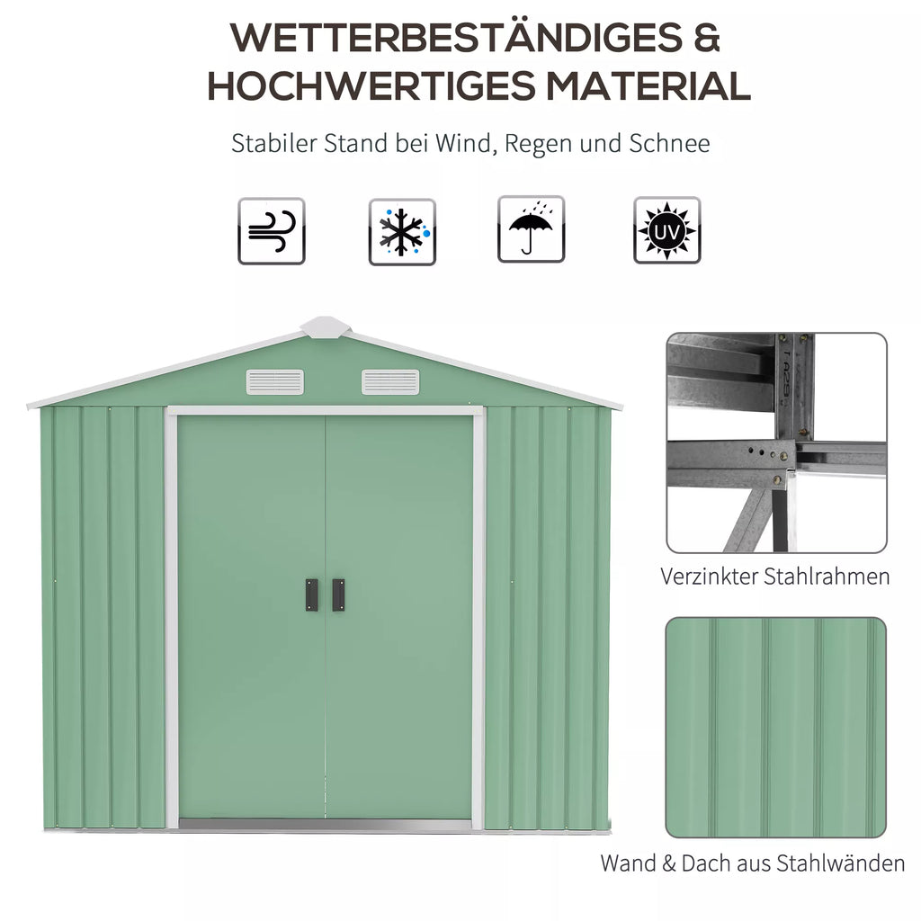 Sodo namelis, 2 stumdomos durys, vėdinimo langai, grindų rėmas, nerūdijantis plienas, šviesiai žalias, 2,13 x 1,30 x 1,85 m