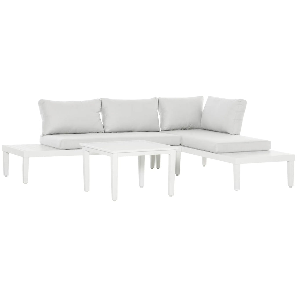 Lauko baldų komplektas 3 asmenims su šoniniu staliuku, L formos sofa su pagalvėlėmis, aliuminio, kreminės baltos spalvos