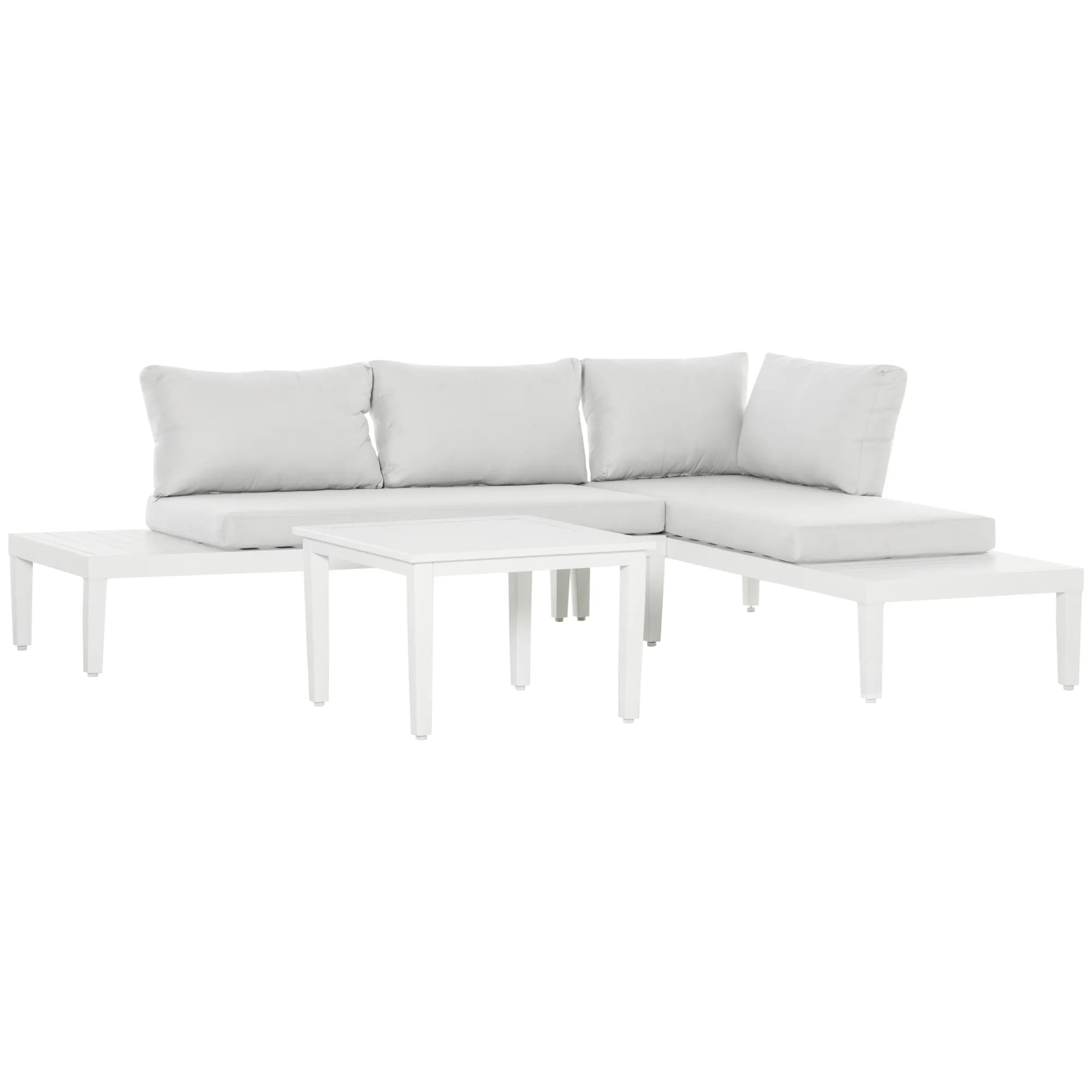 Lauko baldų komplektas 3 asmenims su šoniniu staliuku, L formos sofa su pagalvėlėmis, aliuminio, kreminės baltos spalvos
