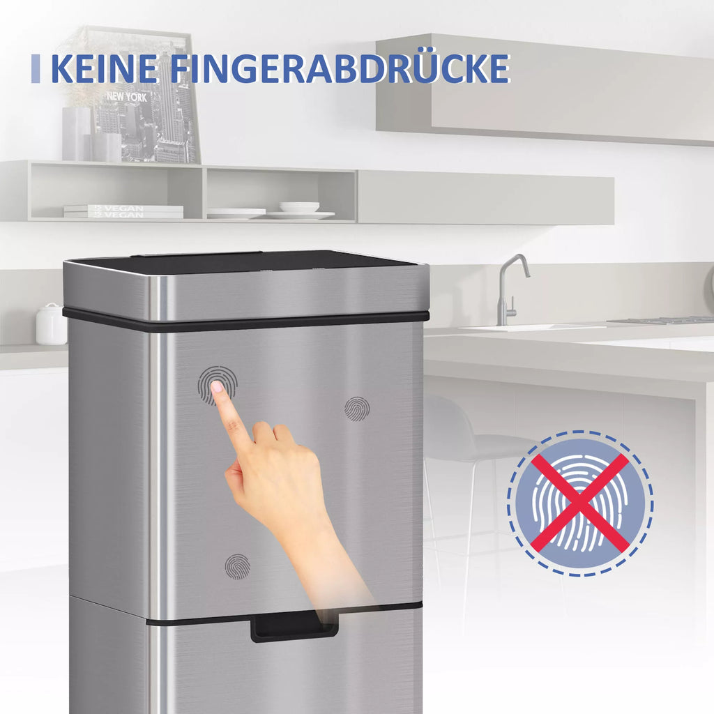 Šiukšliadėžė su jutikliu 47 l + 2 x 12,5 l Automatinė šiukšliadėžė su judesio jutikliu, vandeniui atspari šiukšlių rūšiavimo sistema iš nerūdijančio plieno, skirta virtuvei, sidabrinė