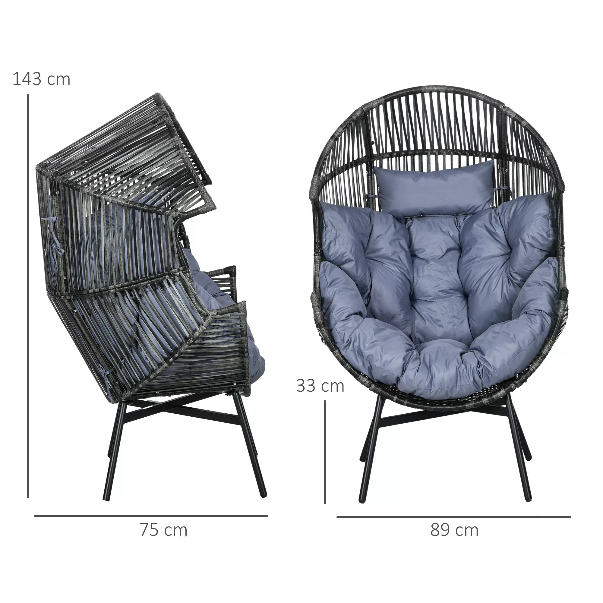 Rattan kėdė Lauko kėdė Sodo kėdė, PE-rattan, 89 cm x 75 cm x 143 cm, pilka+juoda