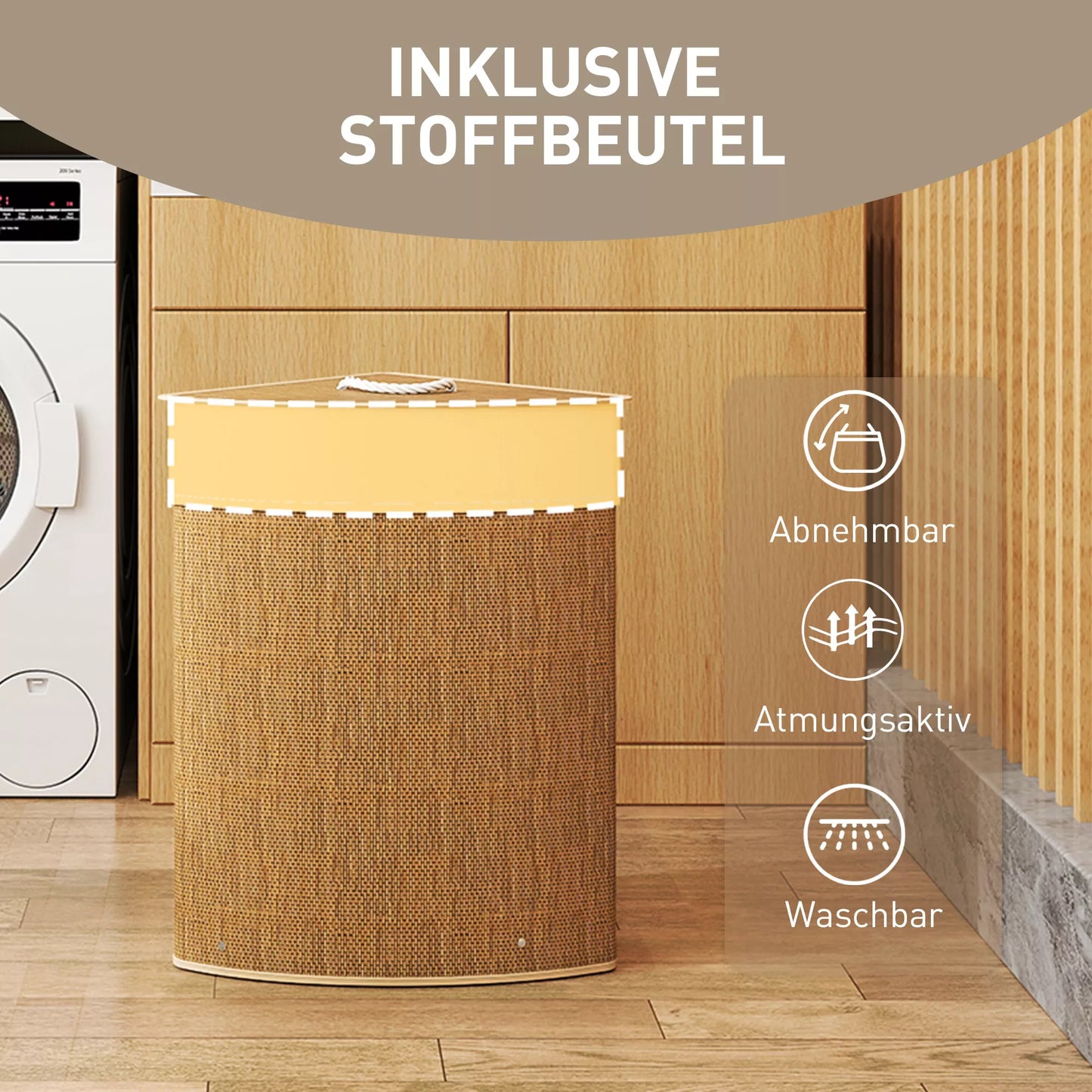 Skalbinių krepšys kampo dizaino, pintas bambukas, 55 litrų, su medžiaginiu maišeliu, metaliniu rėmu, rudas