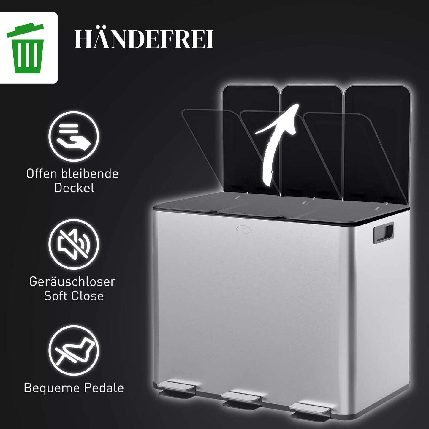 Šiukšliadėžė su 3 x 20 L skyriais, su kvapų neutralizavimo dangčiu, atspari pirštų atspaudams, su švelniu uždarymu, išimama, sidabrinė