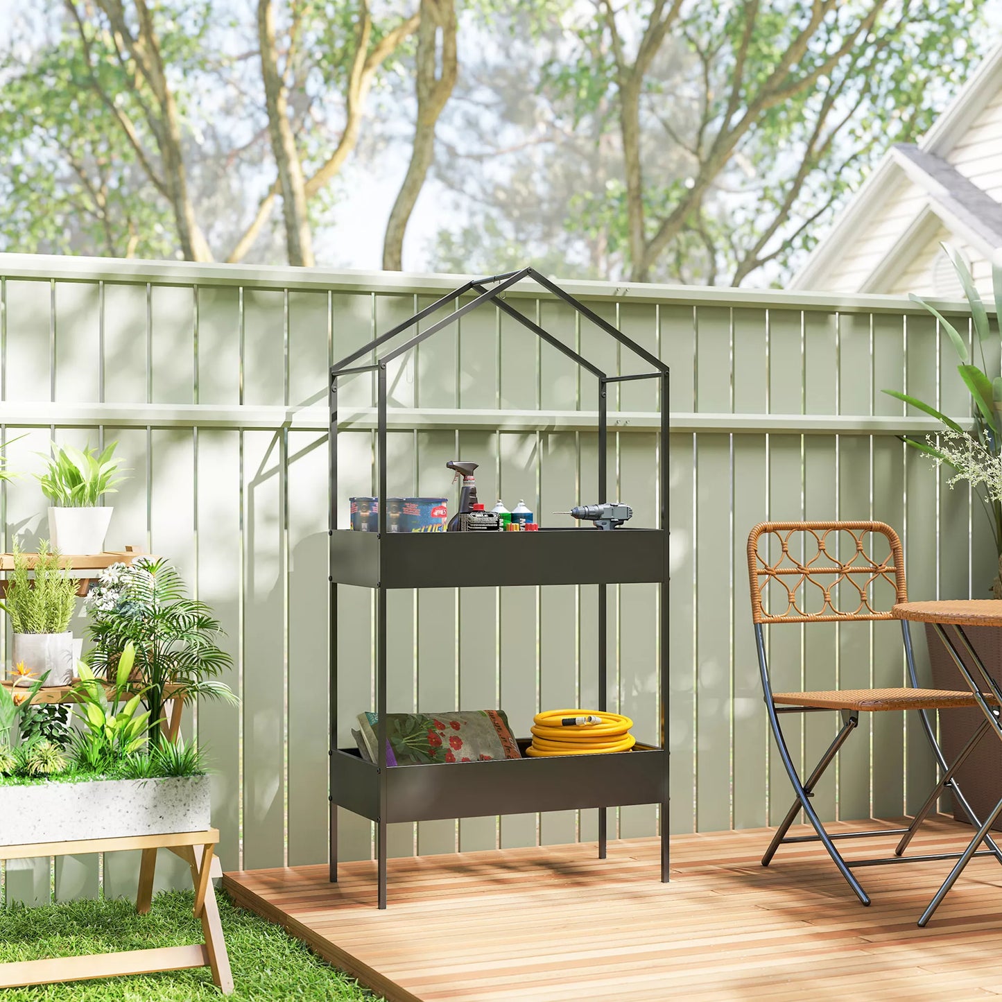 Stovas gėlėms, augalams, namelio formos, 2 aukštų gėlių stovas su kabliukais, plienas, 150 cm aukščio, juoda