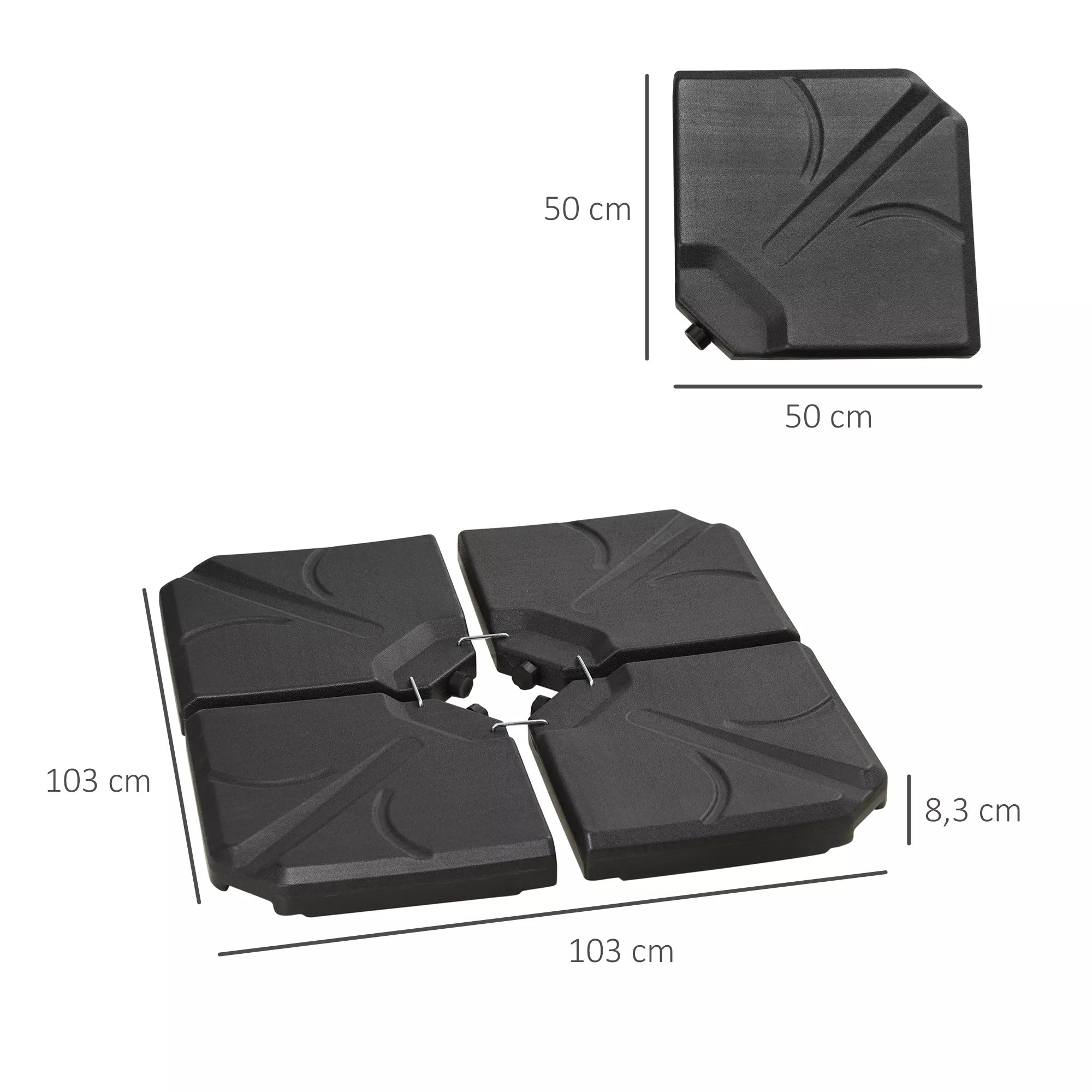 Pagrindiniai svoriai skėčių stovams, užpildomi vandeniu ir smėliu, plastikiniai, 103L x 103B x 8,3H cm, juodi