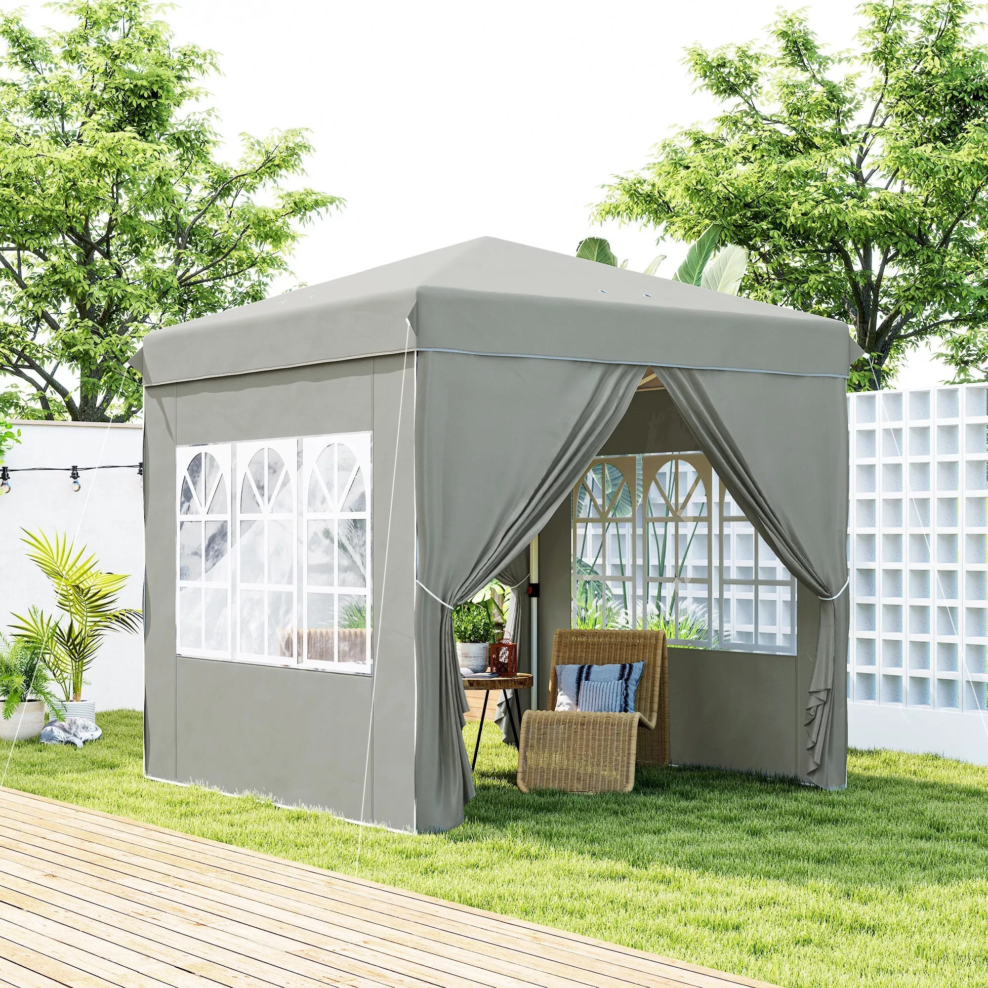 2,5 x 2,5 m Pop-up paviljonas su sienelėmis ir nešiojimo krepšiu, UPF50+ reguliuojamo aukščio sodo palapinė, šviesiai pilkas