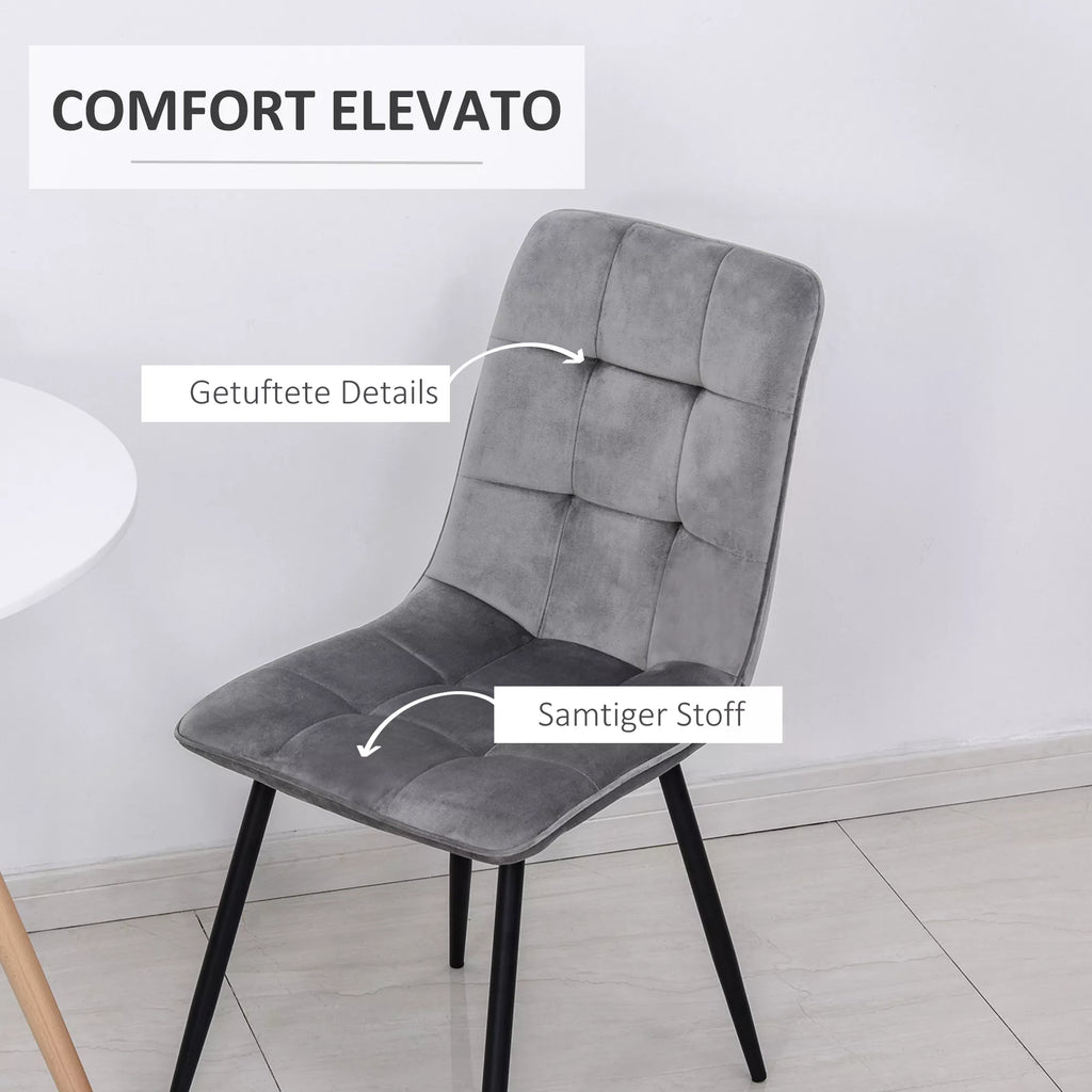 2 vnt. valgomojo kėdžių komplektas, minkšta virtuvės kėdė su aksomo išvaizda, valgomojo stalas, aksomas, metalas, pilka+juoda, 45 x 63 x 90 cm