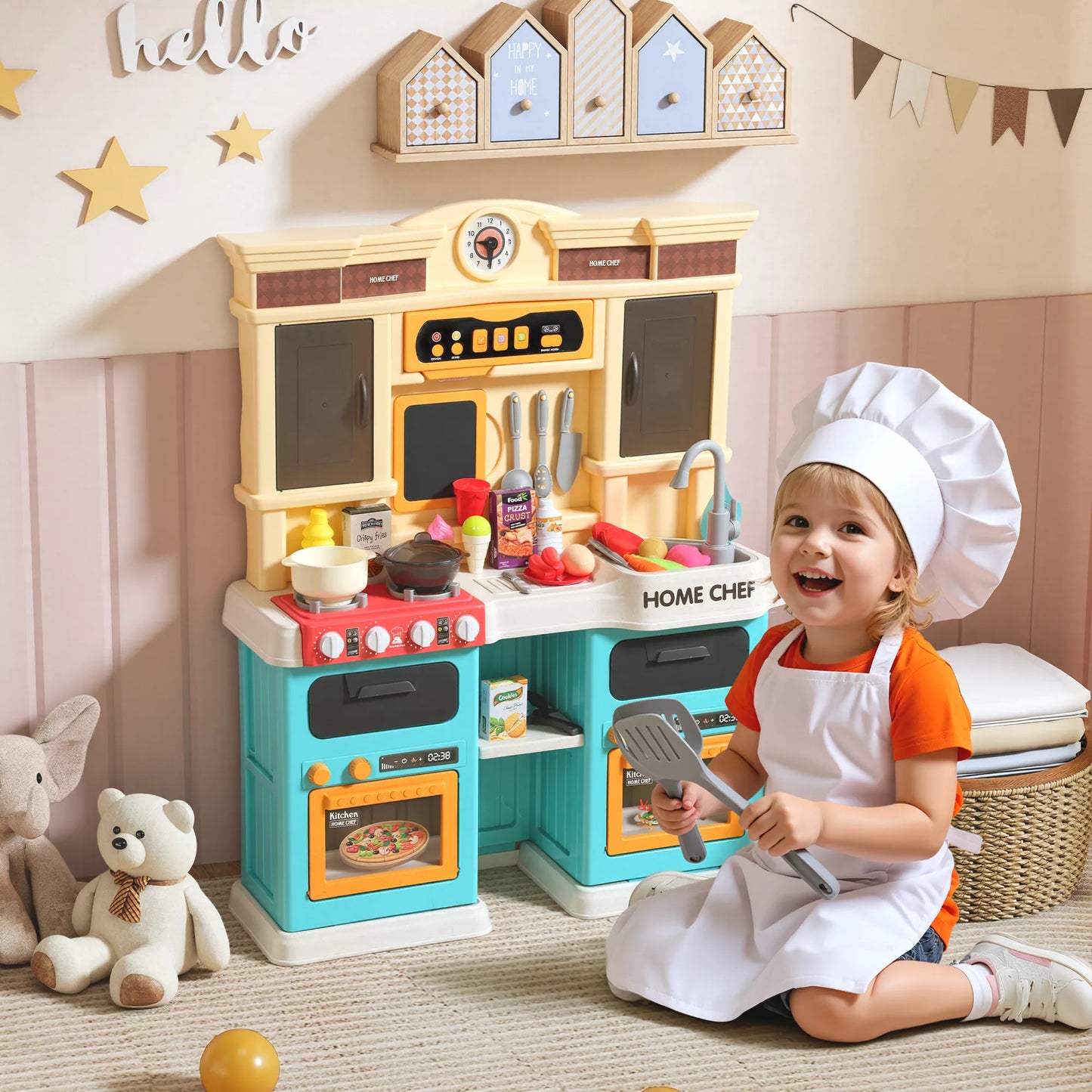 Žaislinė virtuvėlė su tekančiu vandeniu, 85 priedai, elektrinis maišytuvas, šviesos, garsai, vaikams nuo 3-6 metų, plastikas, žalia