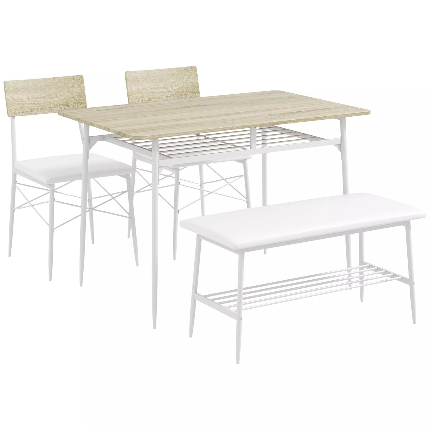 4 dalių valgomojo stalo komplektas su kėdėmis ir suoliuku 4 asmenims, paminkštintos sėdynės, plieninis rėmas, mediena, ąžuolas