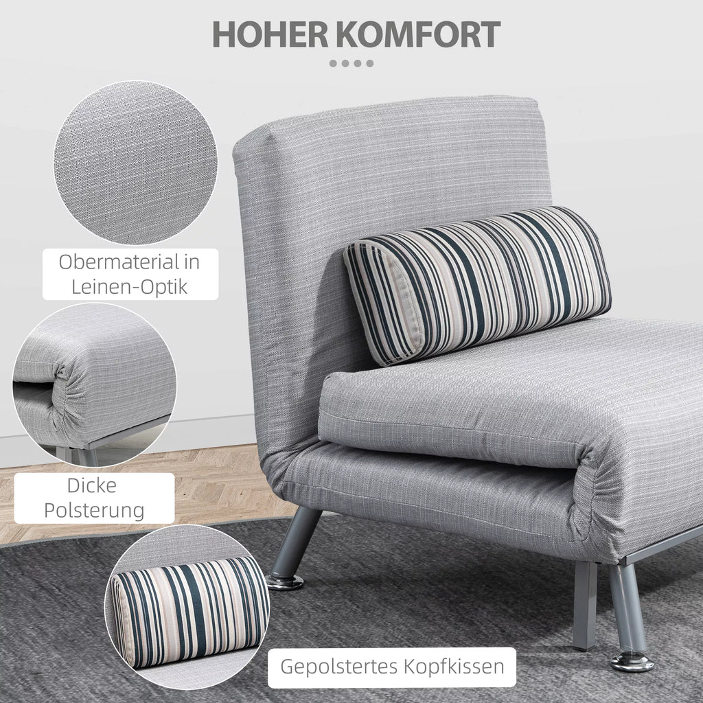Sulankstomas fotelis su lovos funkcija, sulankstomas poilsio fotelis su lino tekstūra, reguliuojamas atlošas, 75 x 70 x 75 cm, pilkos spalvos