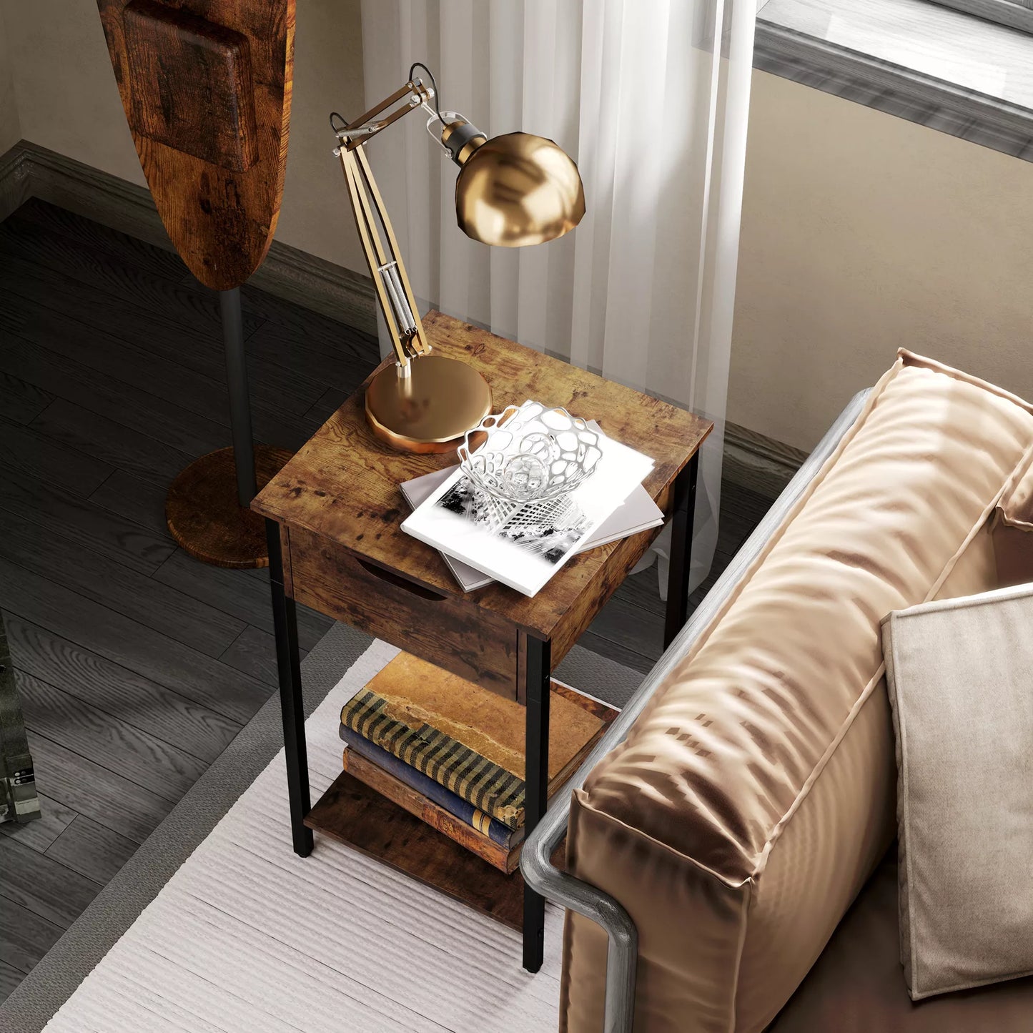 Pagalbinis staliukas pramoninio stiliaus, su stalčiumi, lentyna, metaliniu rėmu, mediena, 40 x 40 x 68 cm, rudas