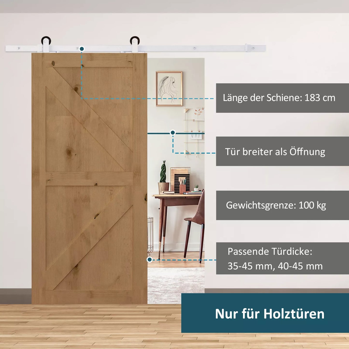 Bėgelių komplektas slankiosioms durims, tylūs ratukai, taupantis vietą, anglinis plienas, baltas, 183 cm