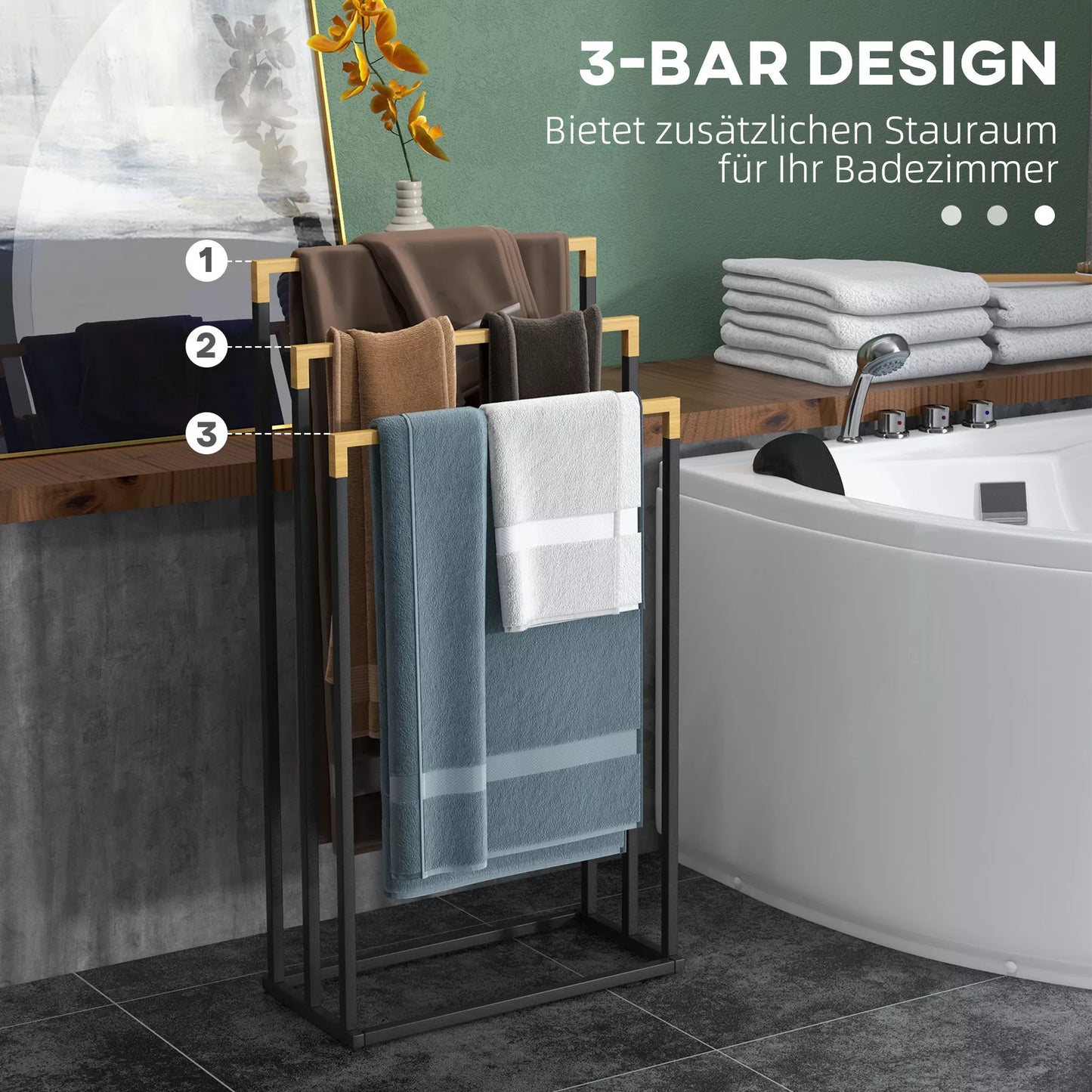 Rankšluosčių laikiklių rinkinys 3 rankšluosčių laikikliai, pramoninio dizaino, bambuko, 45 x 22,5 x 86 cm, juoda + natūrali spalva