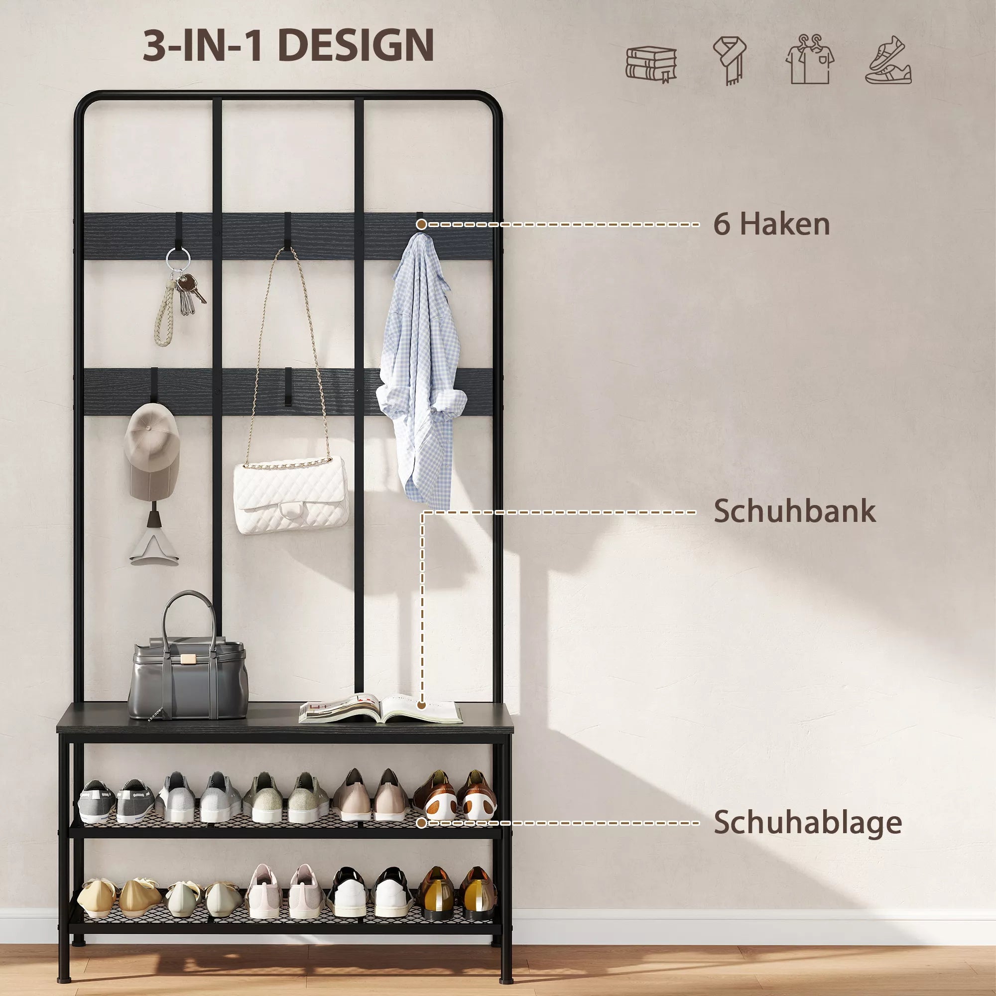 Infografika: juoda kabykla su 3 funkcijomis – hanger juosta, suoliukas, batų lentynos