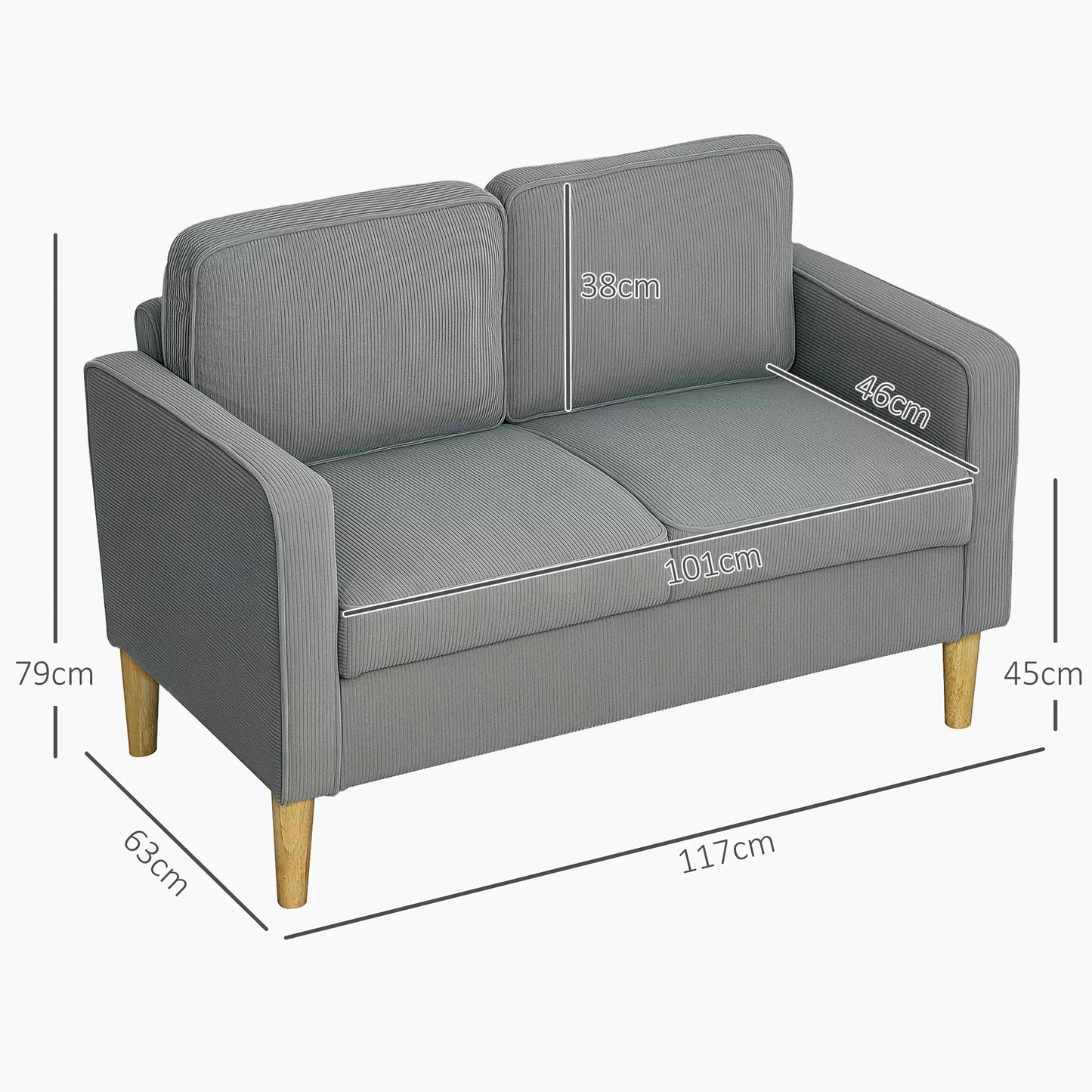 Dviejų vietų sofa su daiktadėže ir tvirtomis medinėmis kojomis, skirta svetainei, miegamajam, 117 x 63 x 79 cm, šviesiai pilka