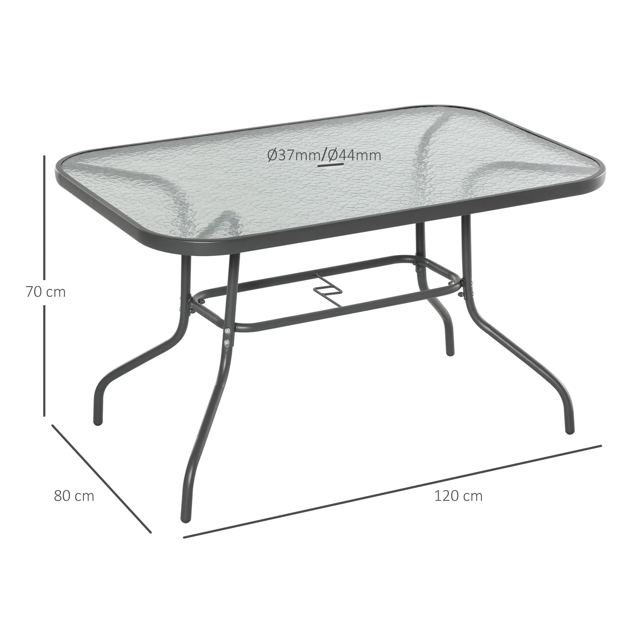 Sodo stalas Bistro stalas Balkono stalas Sodo pagalbinis stalas Bistro stalas Sodo baldai su stikliniu stalviršiu Skylė skėčiui Tvirtas stiklas + metalas Anglies pilkos spalvos  120 x 80 x 70 cm