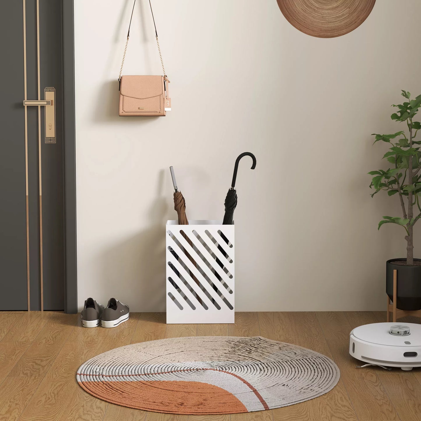 Stovas skėčiams su lašų surinkimo padėklu, 4 kabliukai, plienas, 28 ilg. x 14 plot. x 41 aukšt. cm, balta