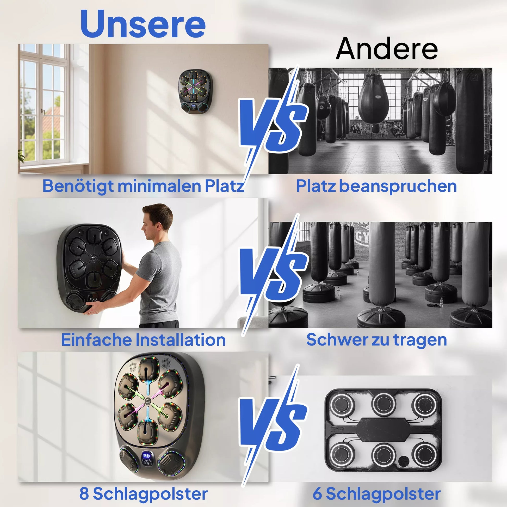 Music Boxing Machine, elektroninė LED bokso mašina su dvigubomis smūgių zonomis, „Bluetooth“ pirštinėmis ir 9 greičiais