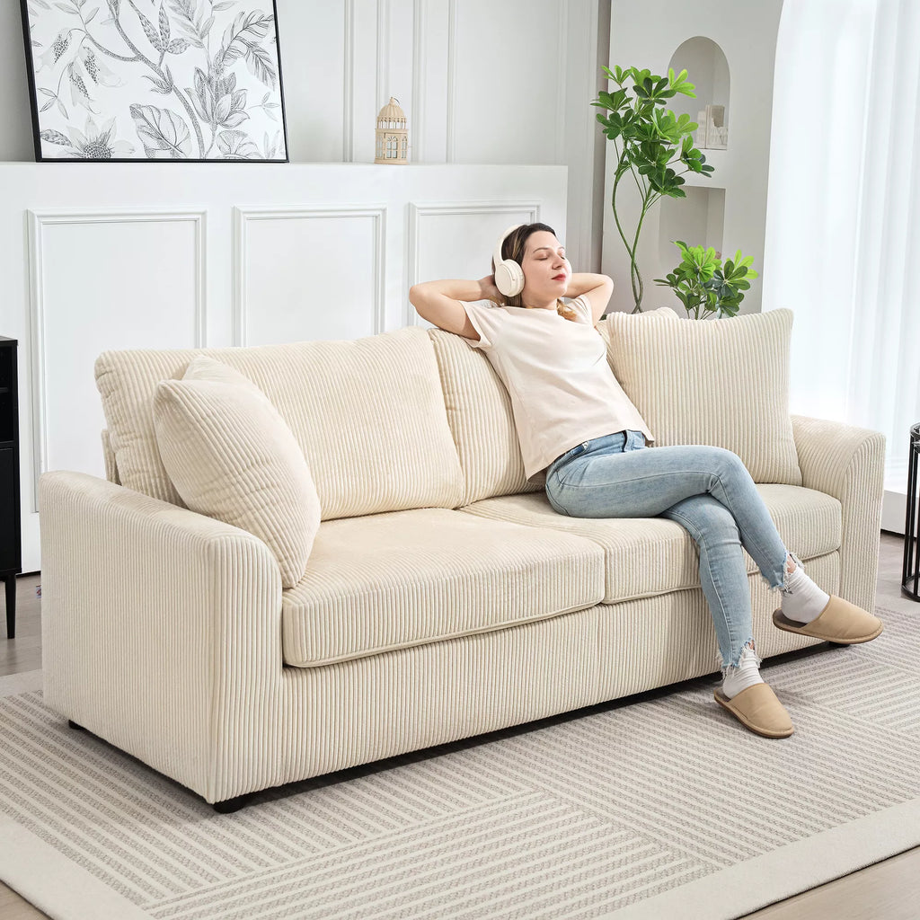 Trivietė sofa su pagalvėlėmis, 212 cm, kreminės spalvos