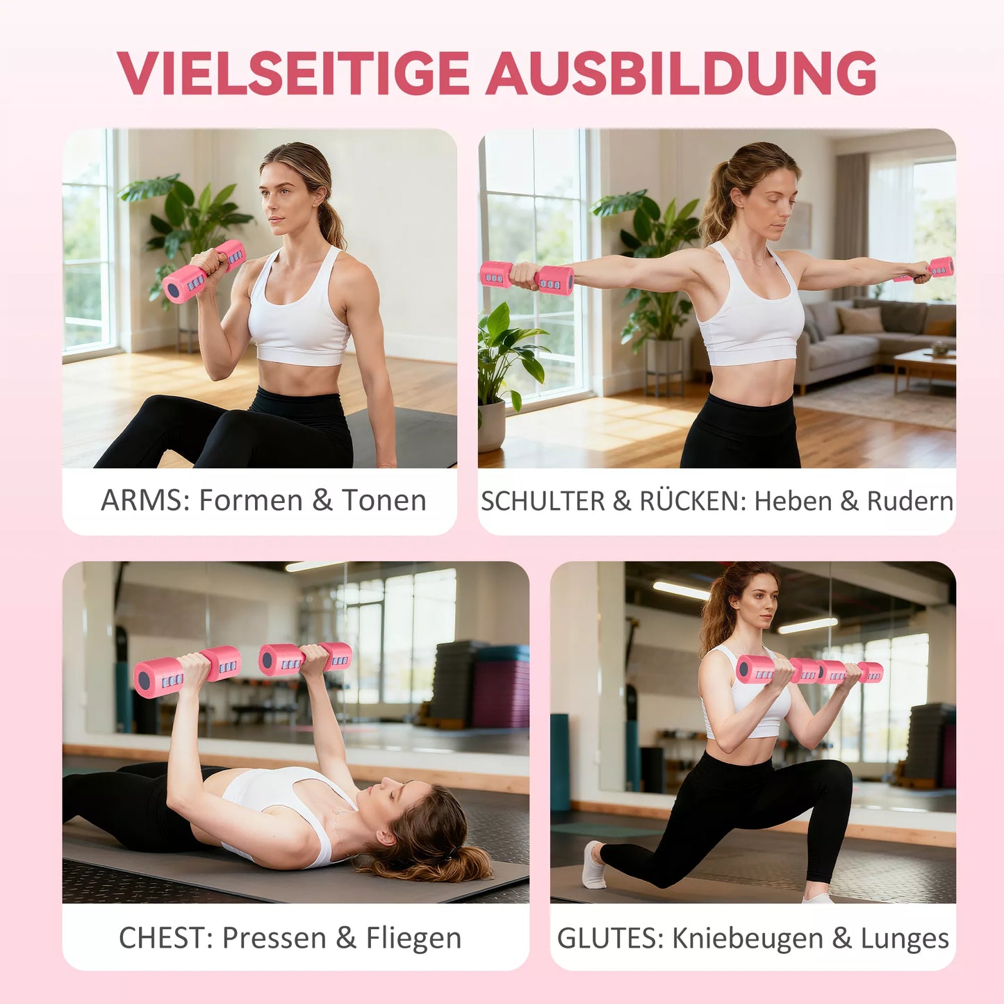 Hantelių rinkinys, reguliuojamas svoris, kvadratinė forma, universalus, metalinis vidus, raudonas