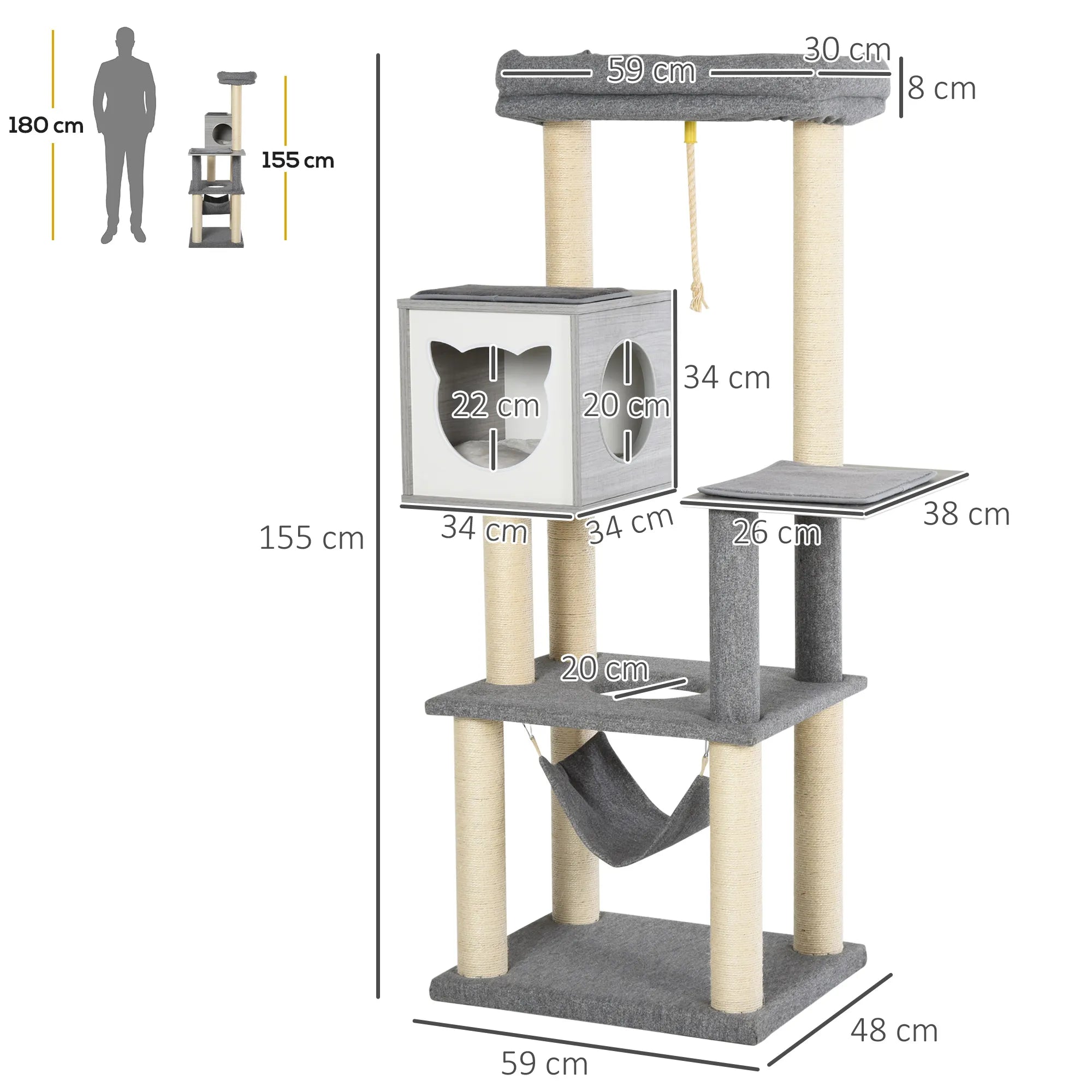 Didysis 155 cm kačių draskyklė su hamaku, laipiojimo medis katėms, daugiaaukštis kačių draskyklė su kačių nameliu, minkšta pagalvėlė, katės baldas, sizalis, pilkas&baltas