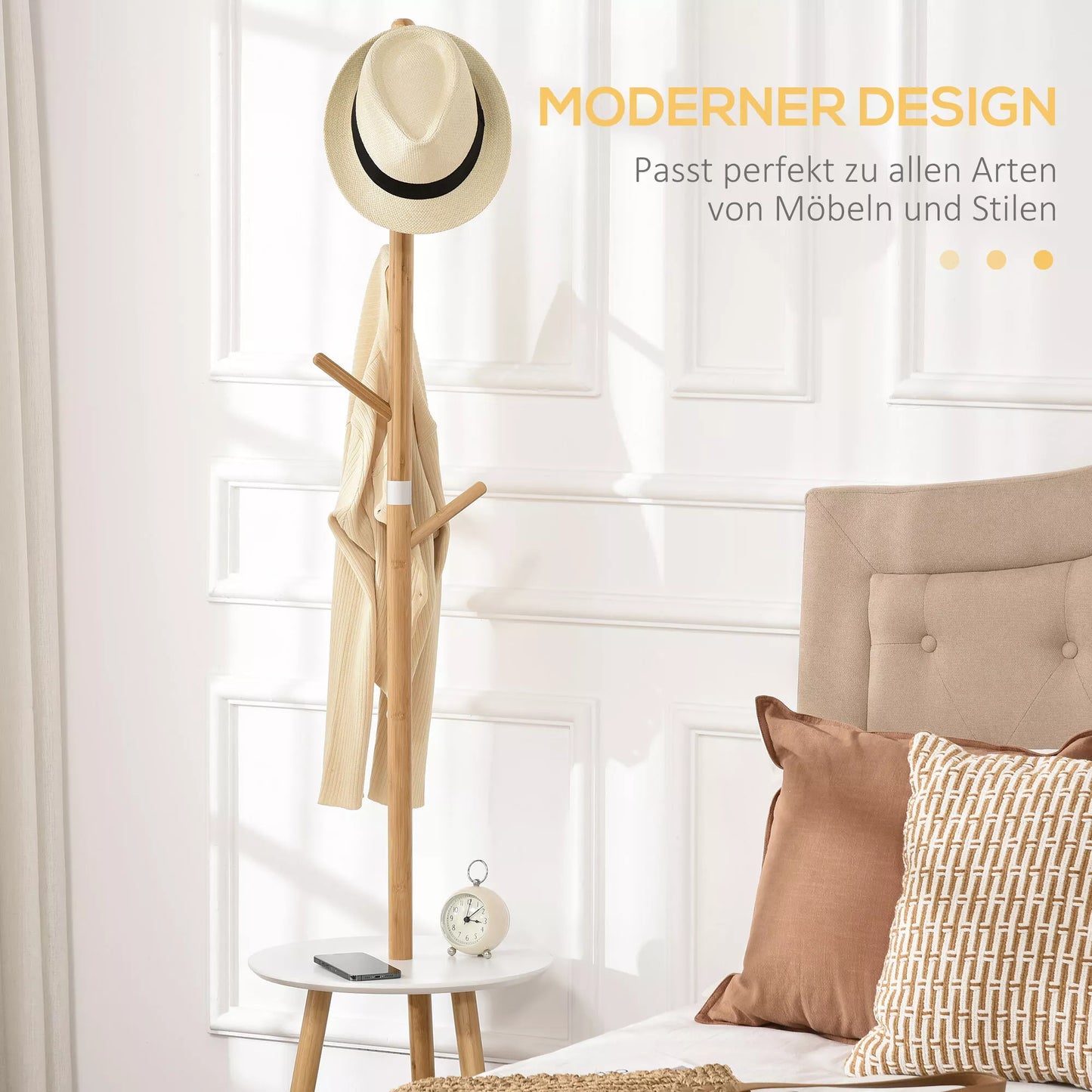 Drabužinė kabykla su staliuku, "Skandi" dizainas, 5 drabužių kabliukai, 39,5 cm x 39,5 cm x 171 cm, natūrali spalva + balta