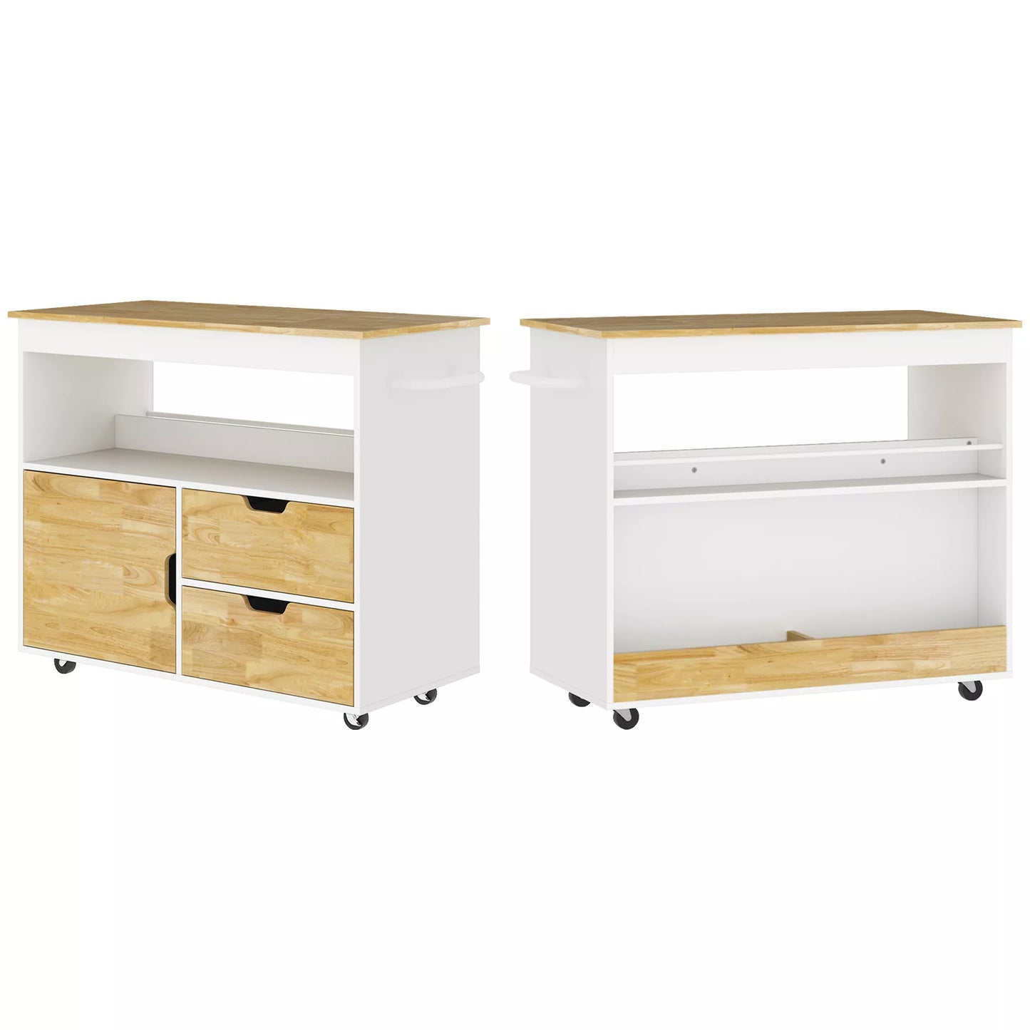 Virtuvės vežimėlis, Riedanti virtuvės sala, Virtuvės vežimėlis su skyreliais, spintelė ir stalviršis, Balta