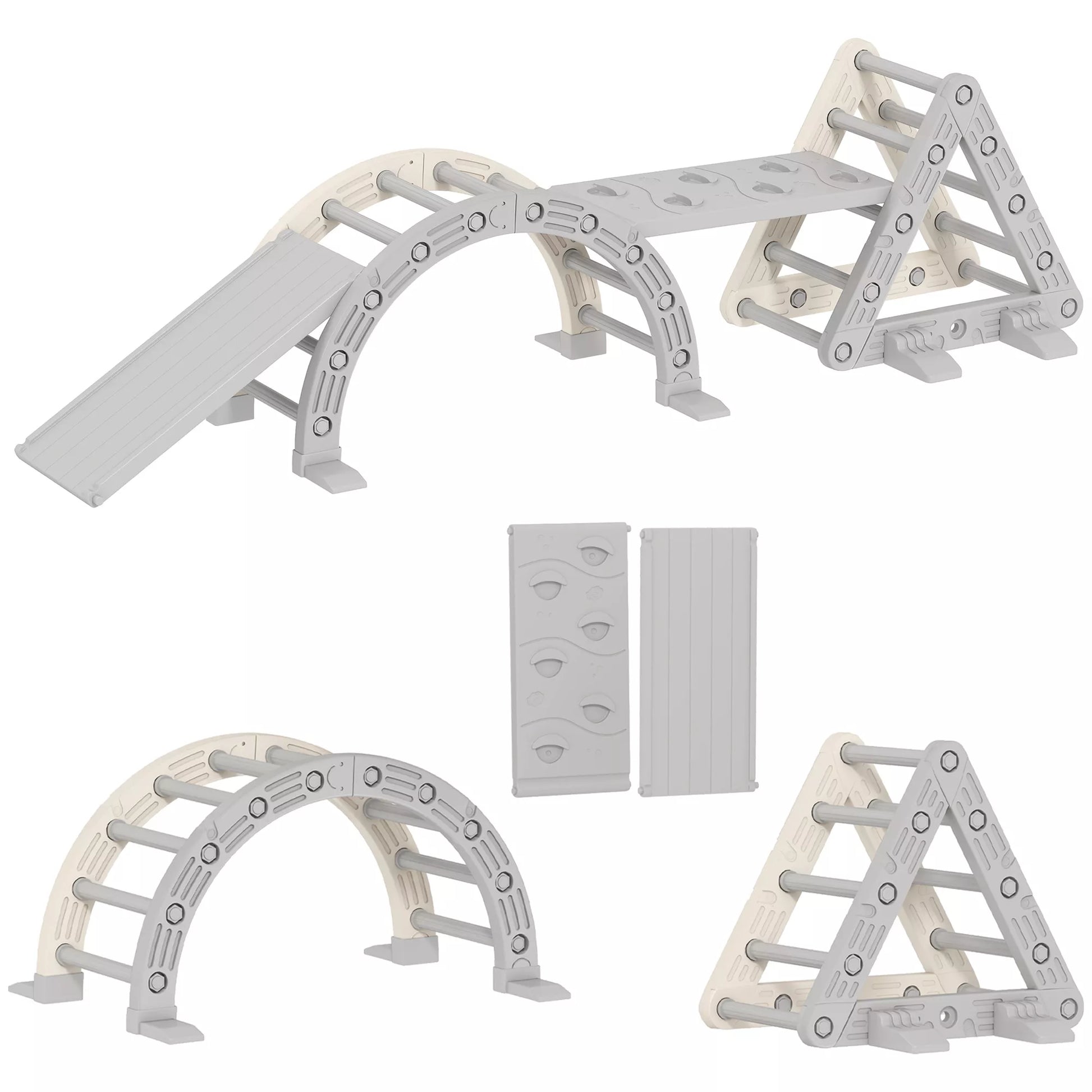 5 in 1 laipiojimo konstrukcija Montessori Indoor, laipiojimo trikampis su čiuožykla, laipiojimo lankas, dvipusis rampa, žaidimų aikštelė vaikams nuo 18 iki 48 mėnesių, pilka + balta