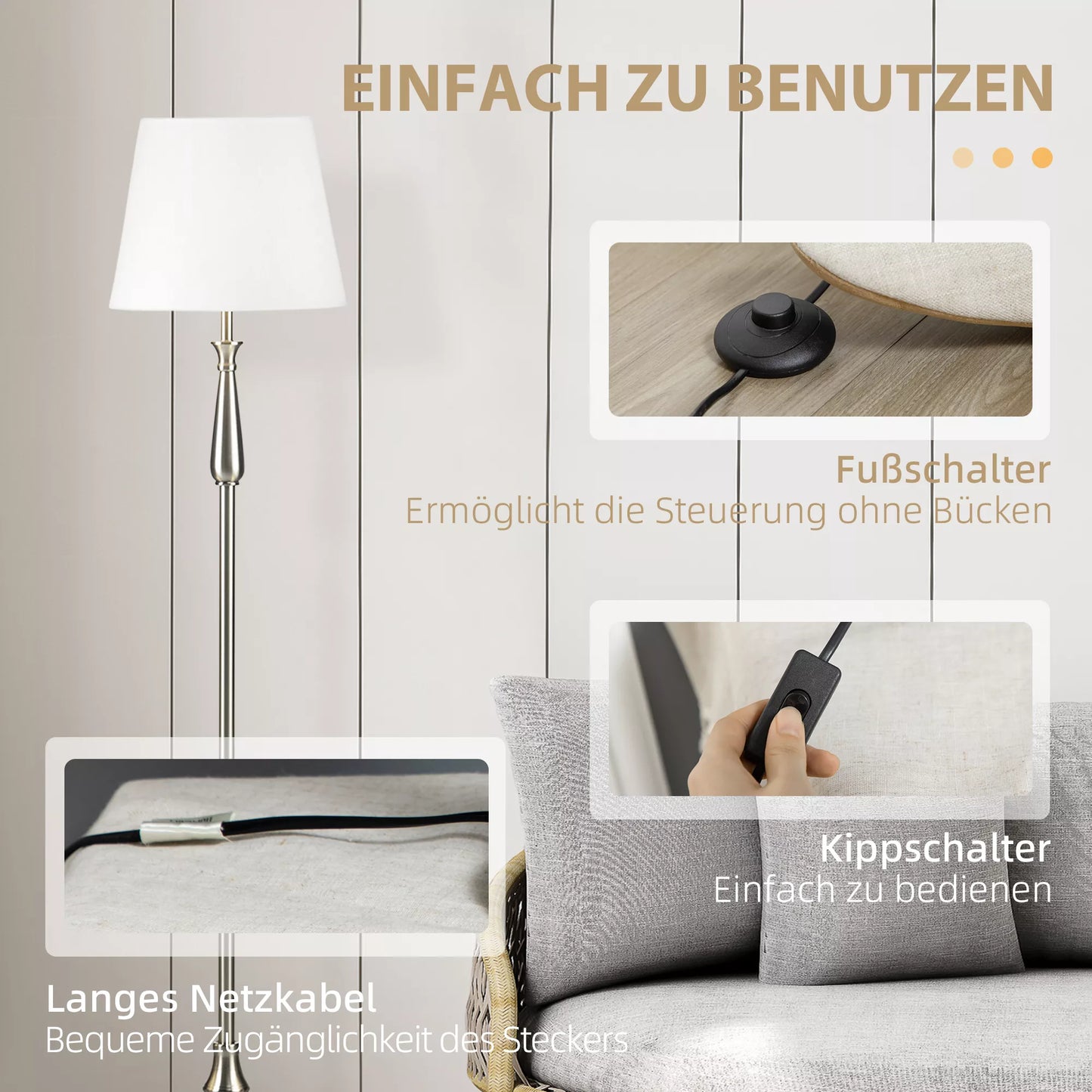 3 dalių vintažinio dizaino šviestuvų komplektas, 2 stalinės lempos, 1 pastatomas šviestuvas, 35,5 cm x 35,5 cm x 146 cm, Sidabrinė + Balta