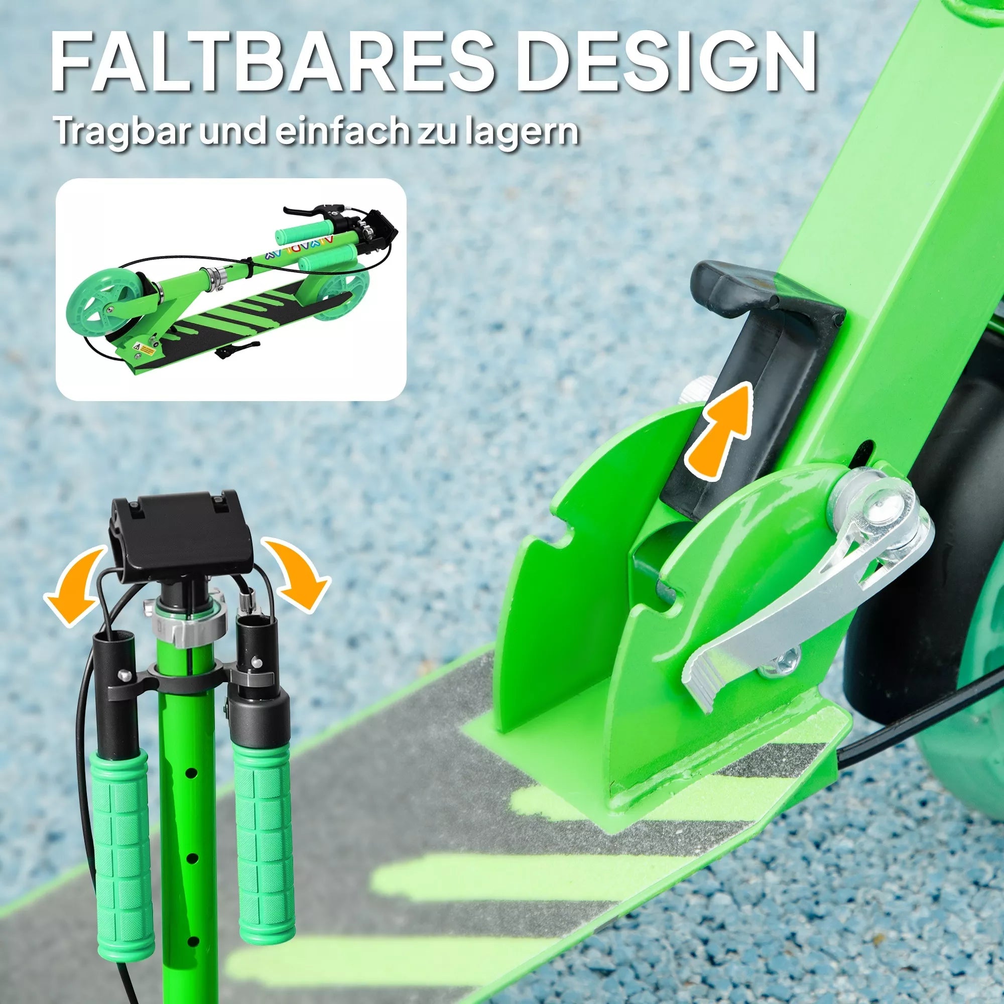 Žalio paspirtuko sulankstomo mechanizmo ir atramos kojos detalė, artimas kadras