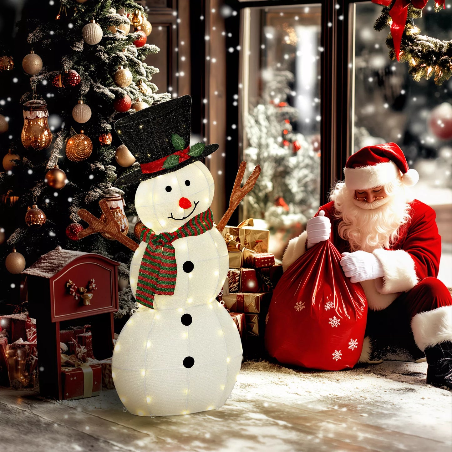 Džiugi sniego senio dekoracija Kalėdoms, lauko dekoracija su LED lemputėmis, Plienas, Poliesteris, Balta+Juoda