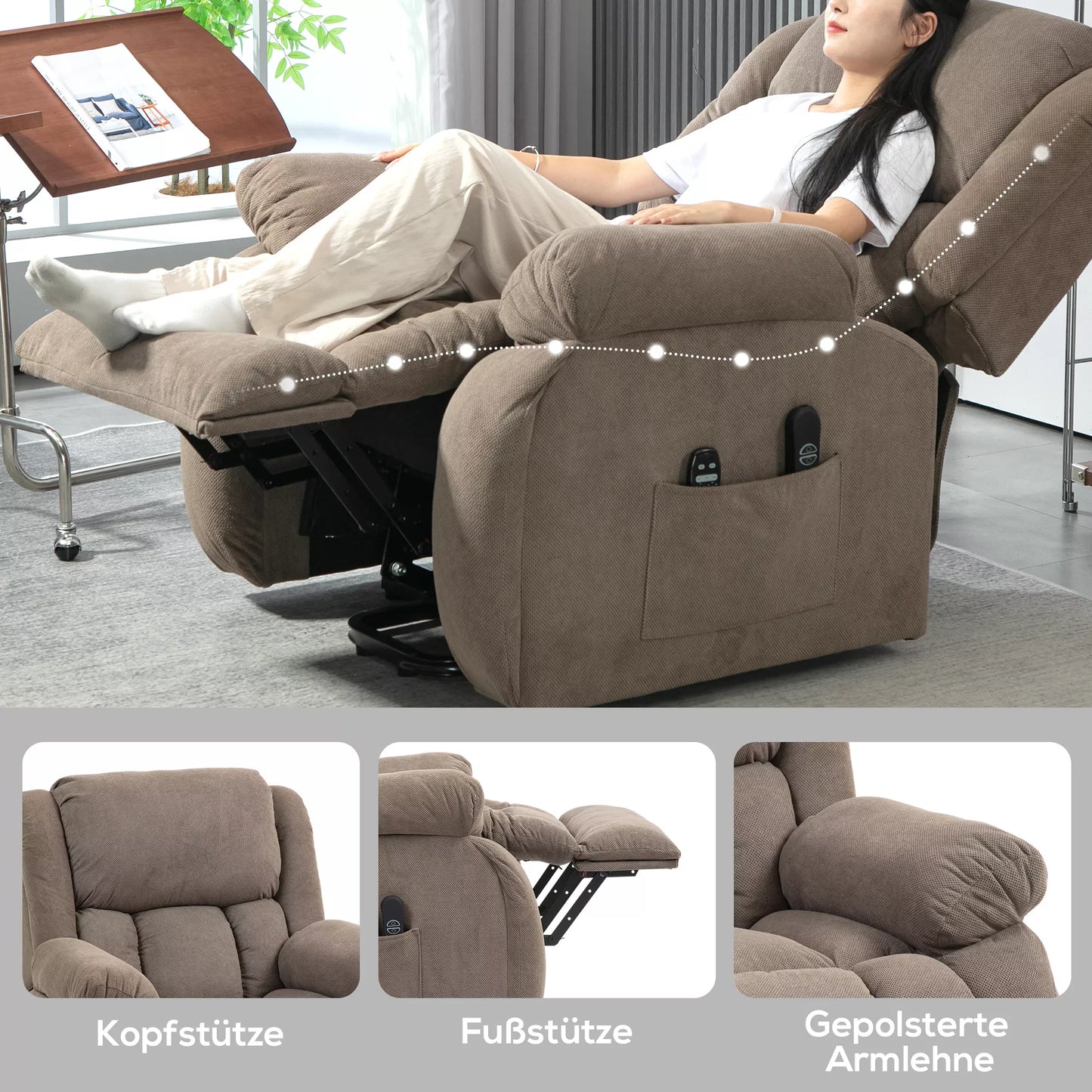 Televizoriaus krėslas su masažo ir šildymo funkcija, elektrinis pakeliamas fotelis, nuotolinio valdymo pultas, šoninės kišenės, šviesiai rudas