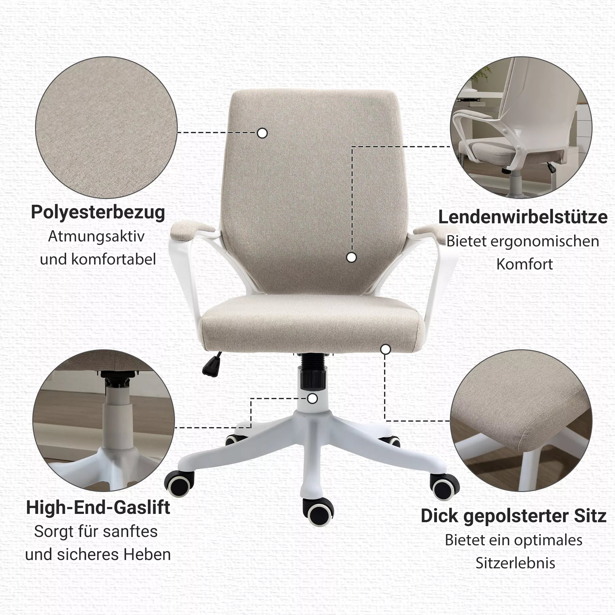 Biuro kėdė, stalinė kėdė, namų biuro kėdė **su svyravimo funkcija**, atlošas, reguliuojamas aukštis, storai paminkštinta, ergonomiška, 360° besisukantys ratukai, poliesteris, nailonas, PP, smėlio+balta spalva, 62x69x92-100 cm