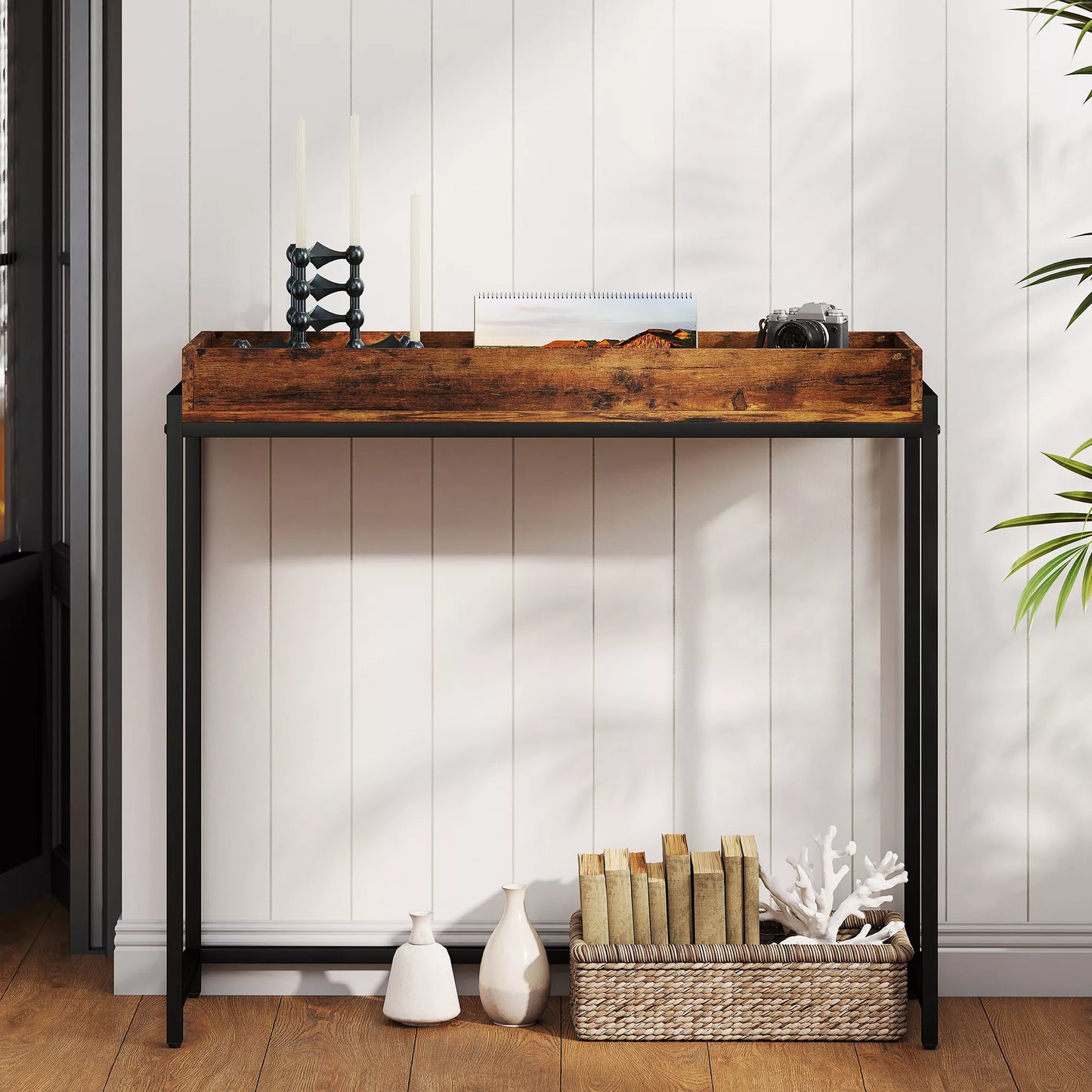 Koridoriaus stalas, siauras konsolinis stalas, metalas, medžio drožlių plokštė, rusvi