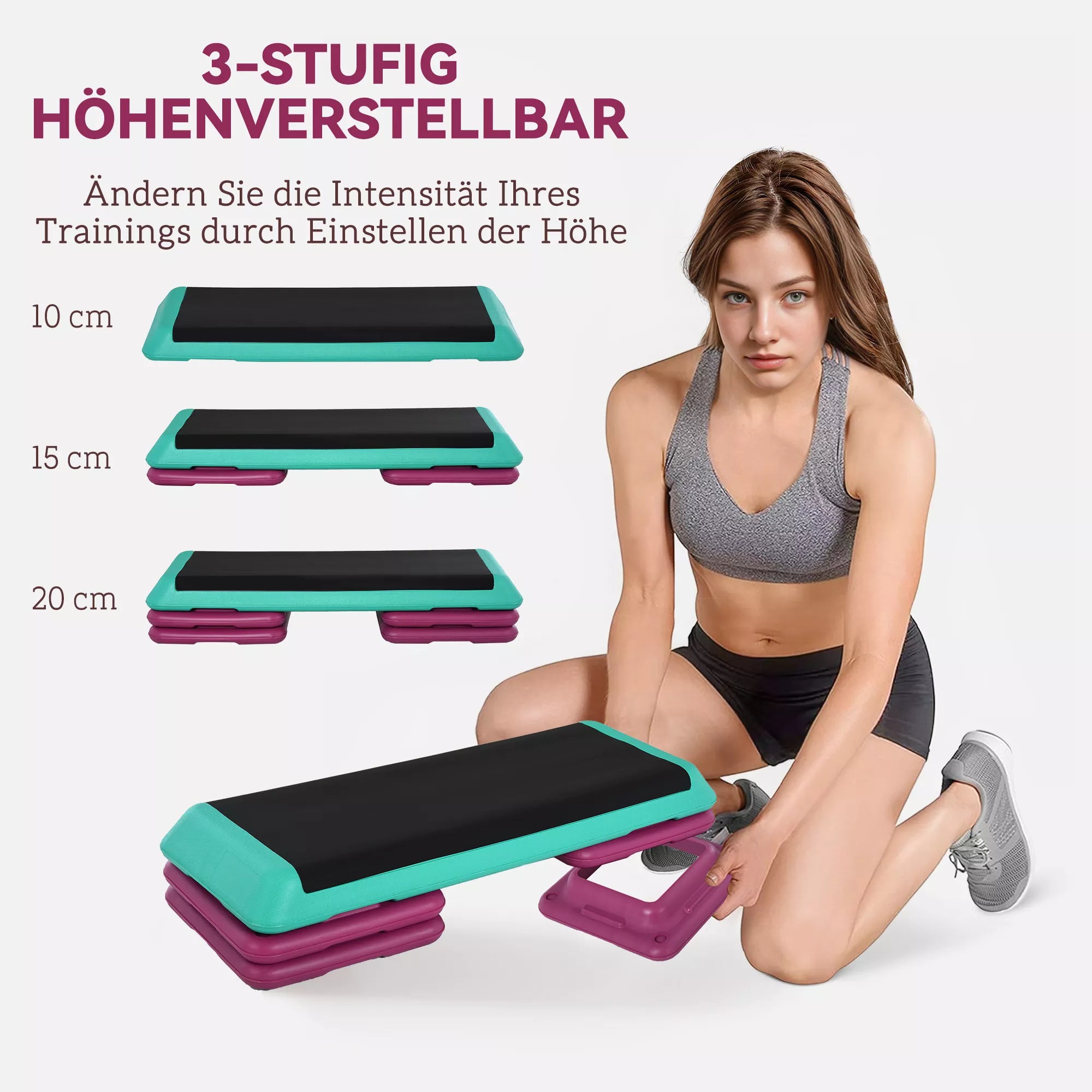 Reguliuojamo aukščio stepas Fitneso steperis 3 pakopos (10/15/20 cm) Neslystantis stepas namams, sporto salėms, biurams Plastikinis Juodas+žalias+violetinis
