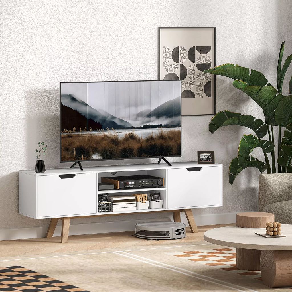 TV staliukas su stalčiais ir atviromis lentynomis, 150 cm, baltas
