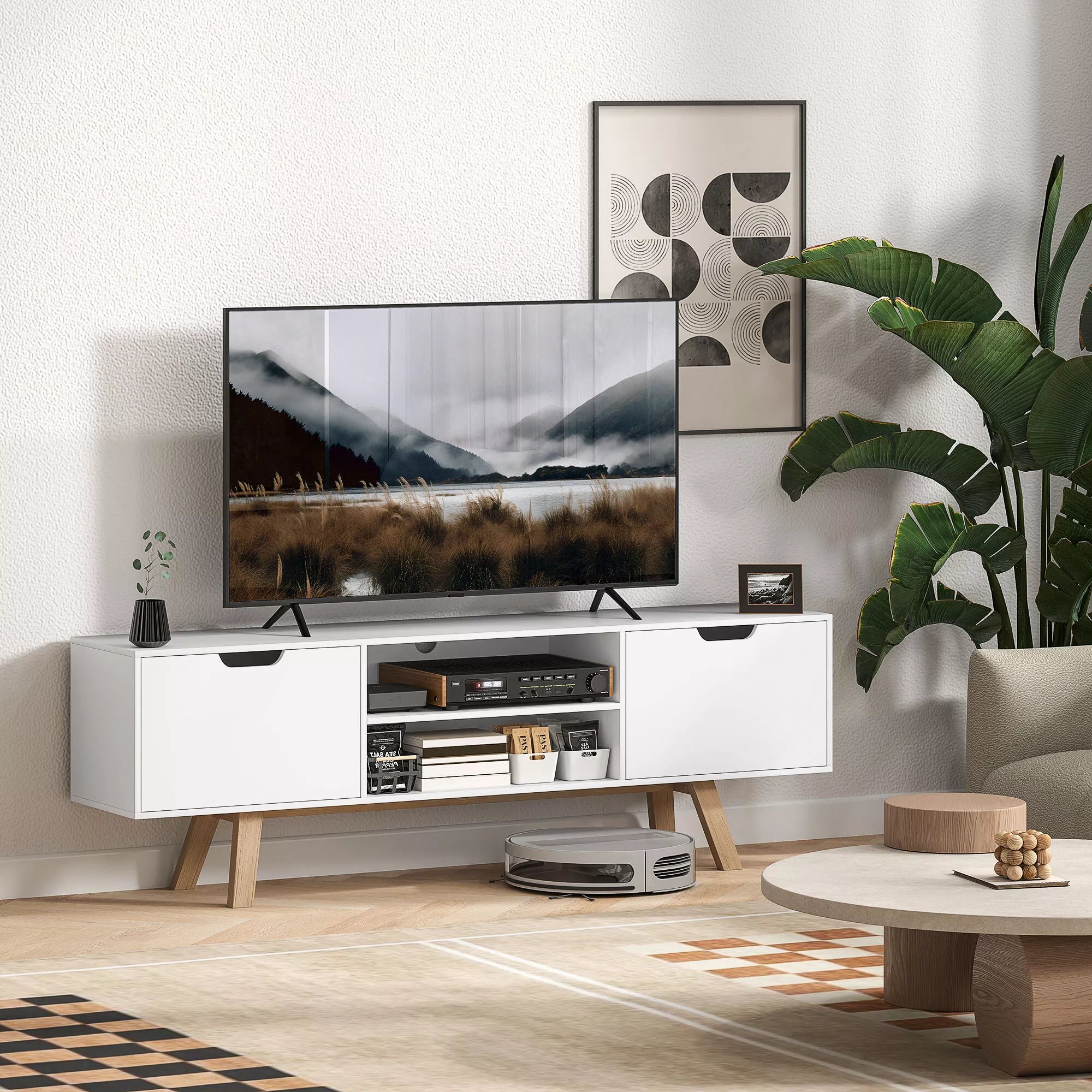 TV staliukas su stalčiais ir atviromis lentynomis, 150 cm, baltas