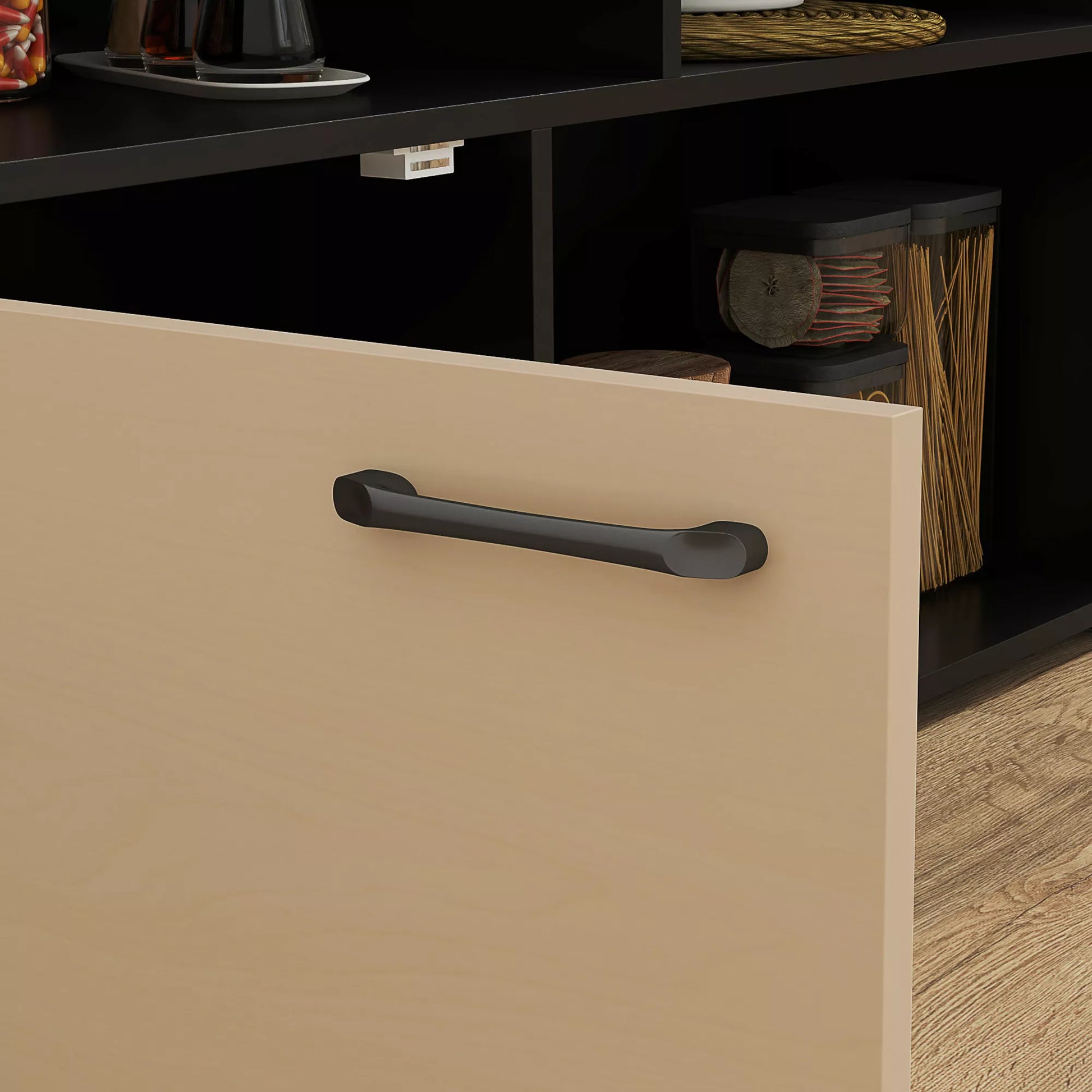 3 dalių baro komplektas, baro stalas su atlenkiamu stalviršiu, 2 baro kėdės, 6 daiktų laikymo dėžės, juodos spalvos + ąžuolo, 116 x 70 x 89,5 cm