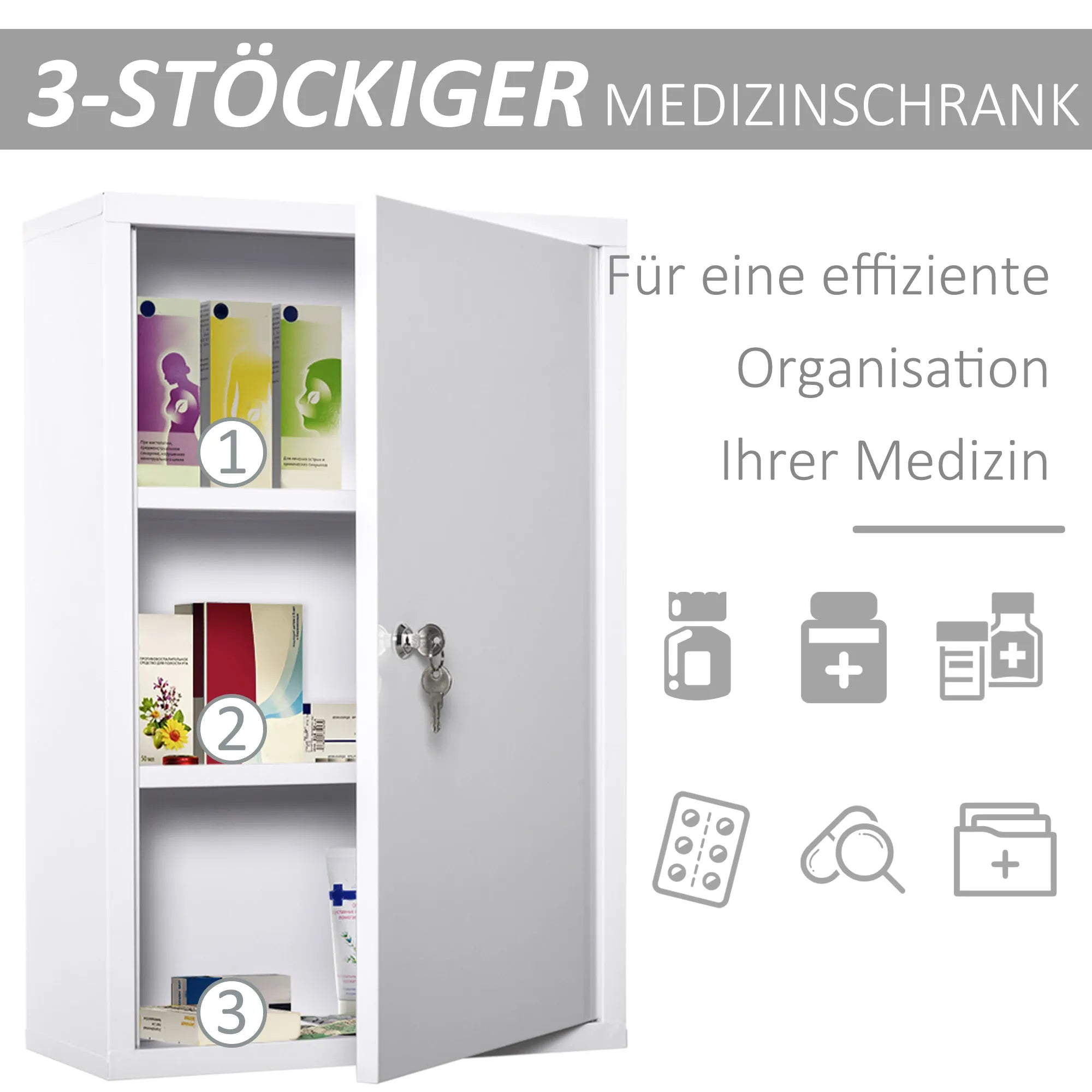 Medicinos spintelė Vaistų spintelė vaistams laikyti, užrakinama Vaistų spintelė iš metalo su 3 skyreliais Pirmosios pagalbos spintelė, 40 x 18 x 60 cm, balta
