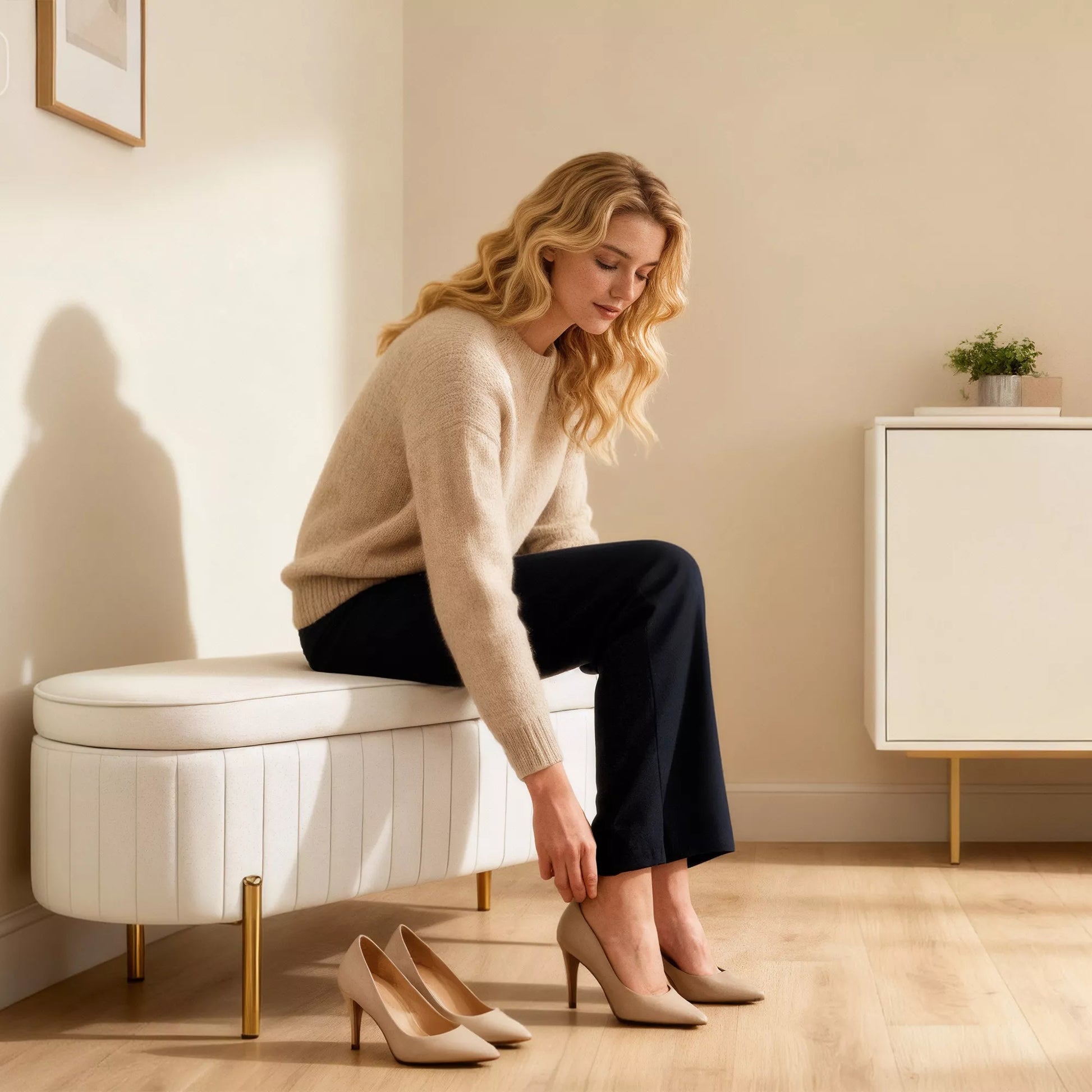 Suolas su atlenkiamu dangčiu ir daiktadėže, audinio apmušalas, metalas, kreminė balta + auksinė