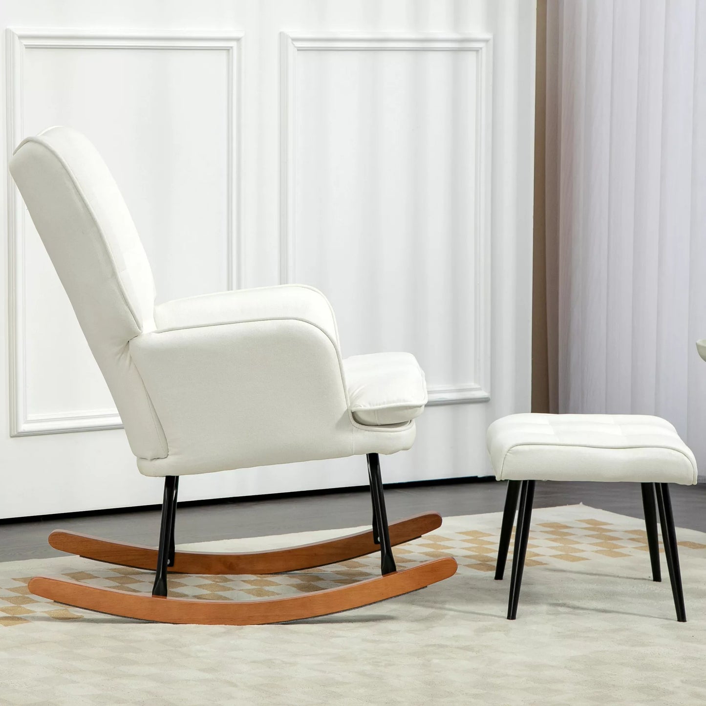 Supama kėdė su pakoja, švelnus supimosi mechanizmas, lininio audinio imitacija, 64 x 89 x 90 cm, kreminės baltos spalvos