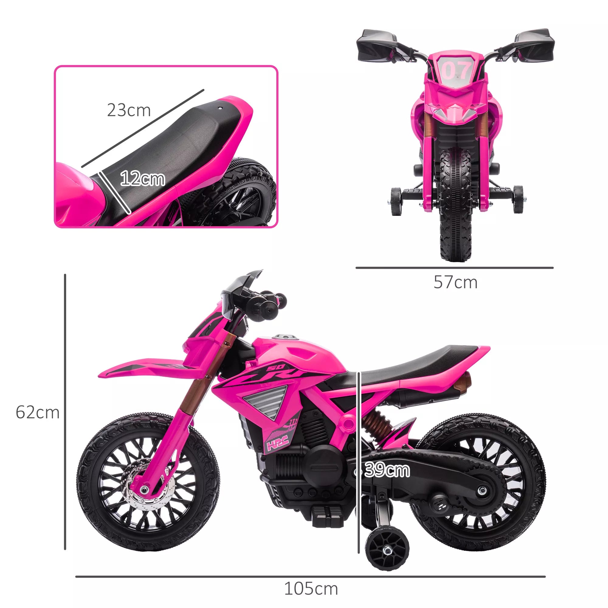 Matmenų schema: vaikiškas motociklas 105 cm ilgas, 57 cm pločio, 62 cm aukštas, sėdynė 23 cm