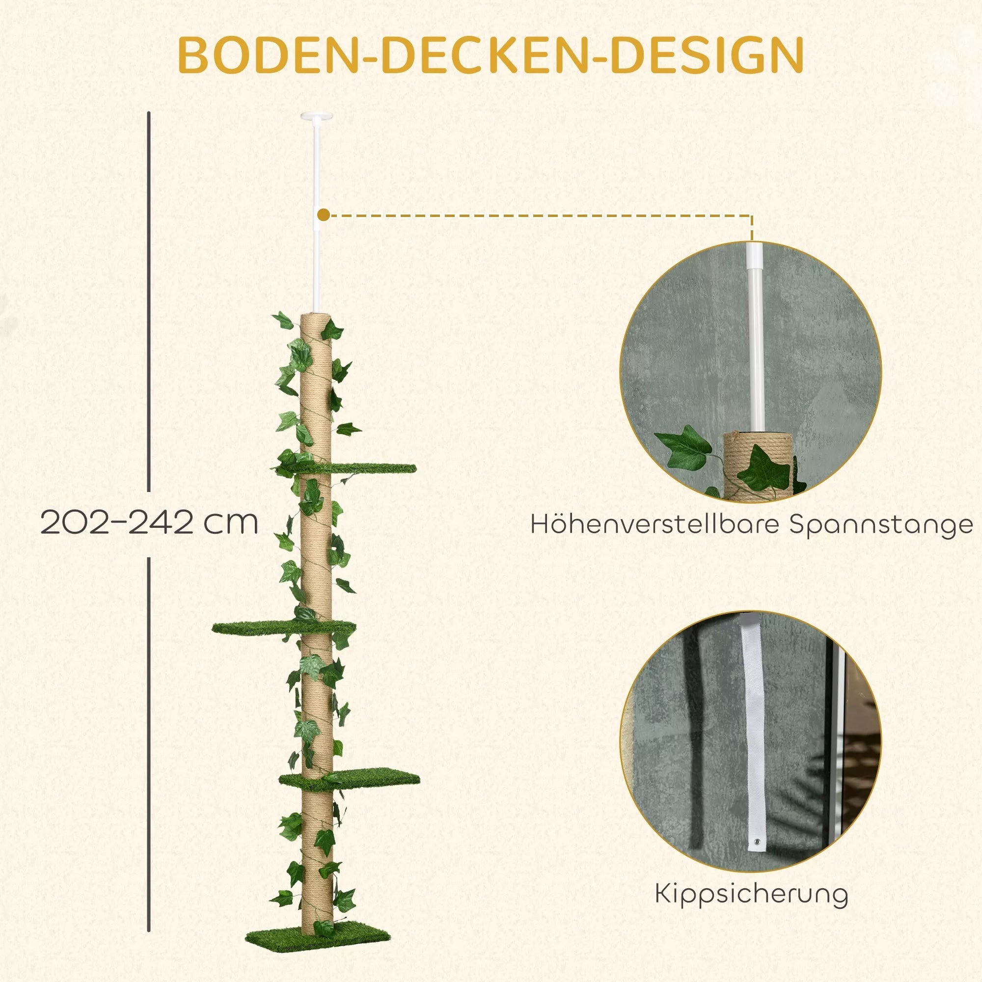 Kratzbaum aukštis reguliuojamas 202-242 cm, neslidus, džiuto virvės stulpeliai, medžio drožlių plokštė, žalia/geltona